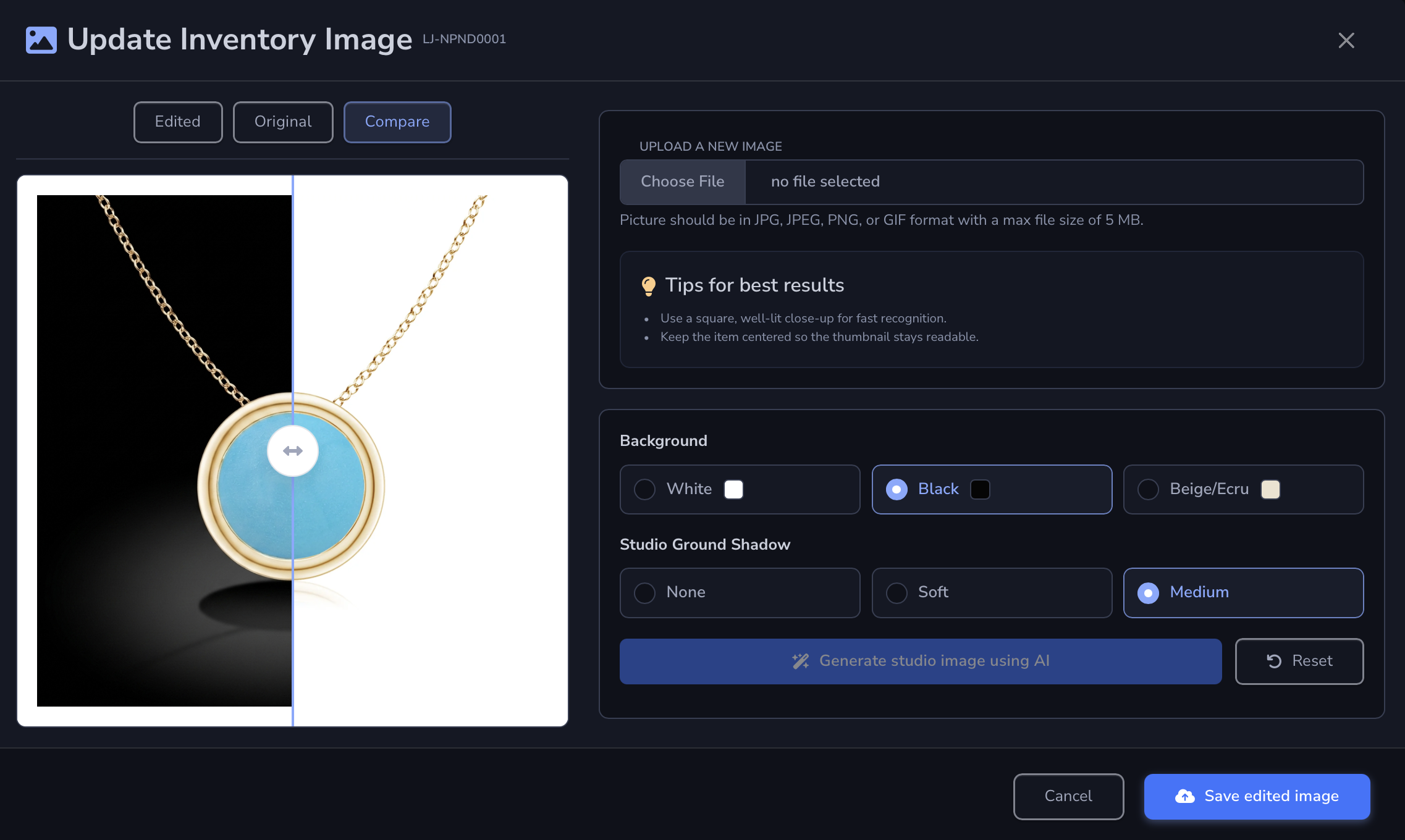 Loupe Factory AI inventory image editing modal showing studio background and ground shadow options in dark mode.