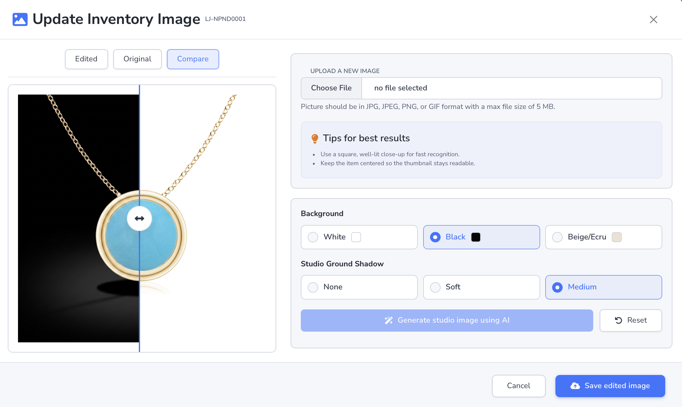 Loupe Factory AI inventory image editing modal showing studio background and ground shadow options in light mode.