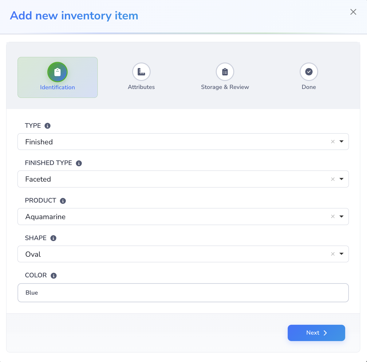 Add new inventory item dialog on the Identification step, showing type, finished type, product, shape, and color fields.