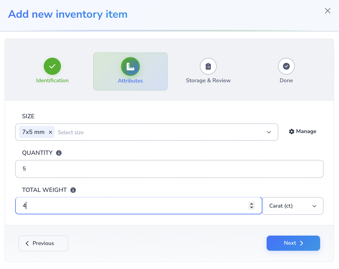 Add new inventory item dialog on the Attributes step, showing size, quantity, and total weight fields.