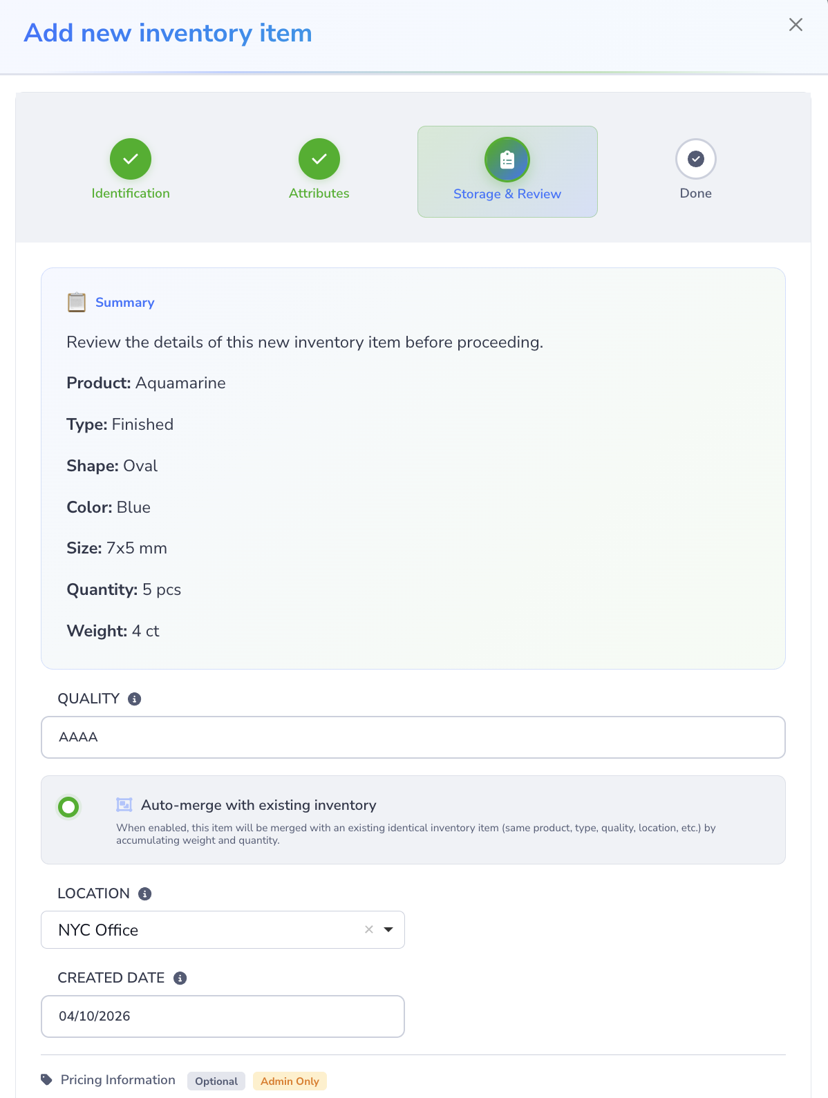 Add new inventory item dialog on the Storage and Review step, showing the item summary, quality, auto-merge, location, and created date fields.