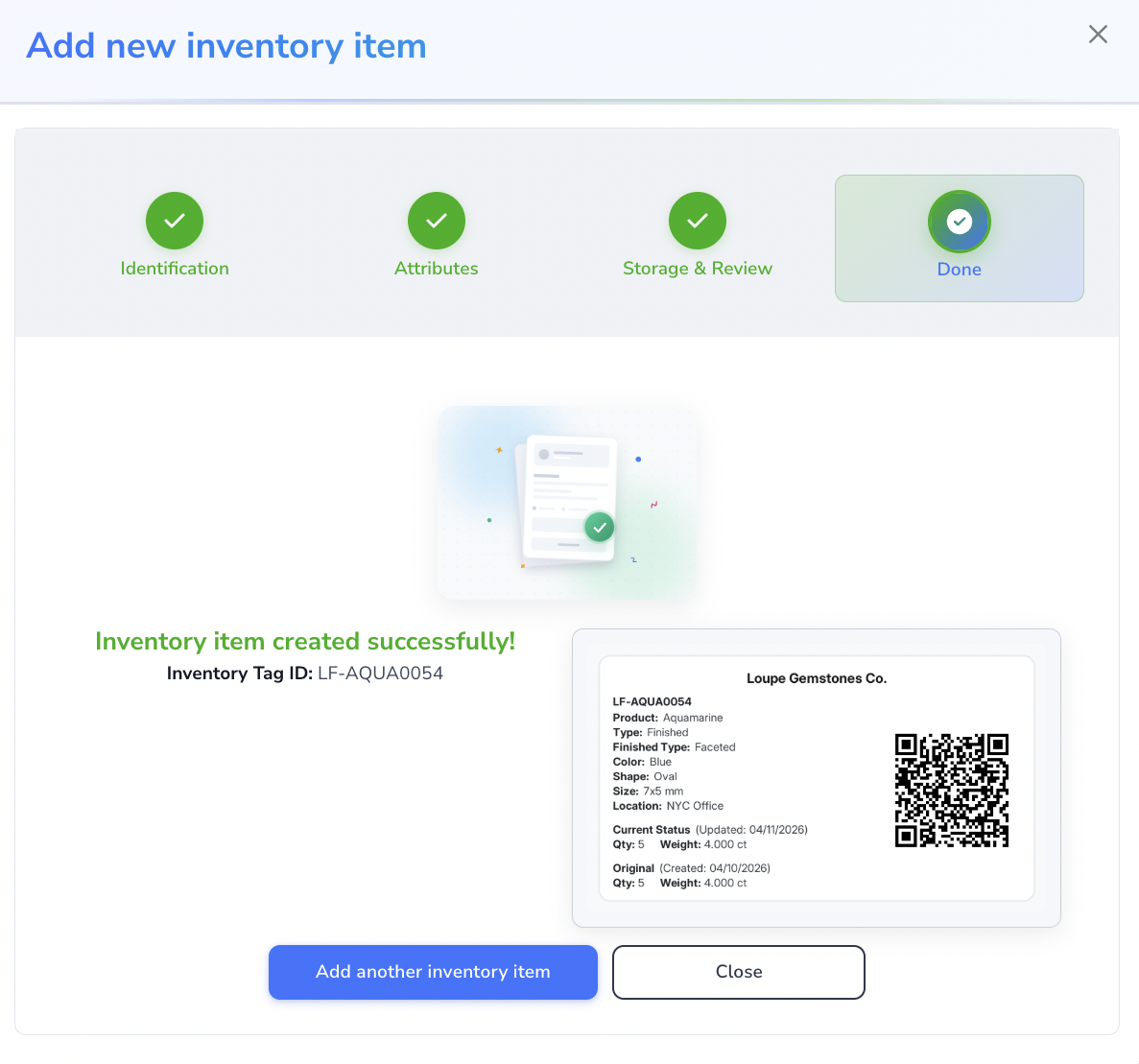Add new inventory item dialog on the Done step, confirming the inventory item was created successfully and showing the generated inventory tag.