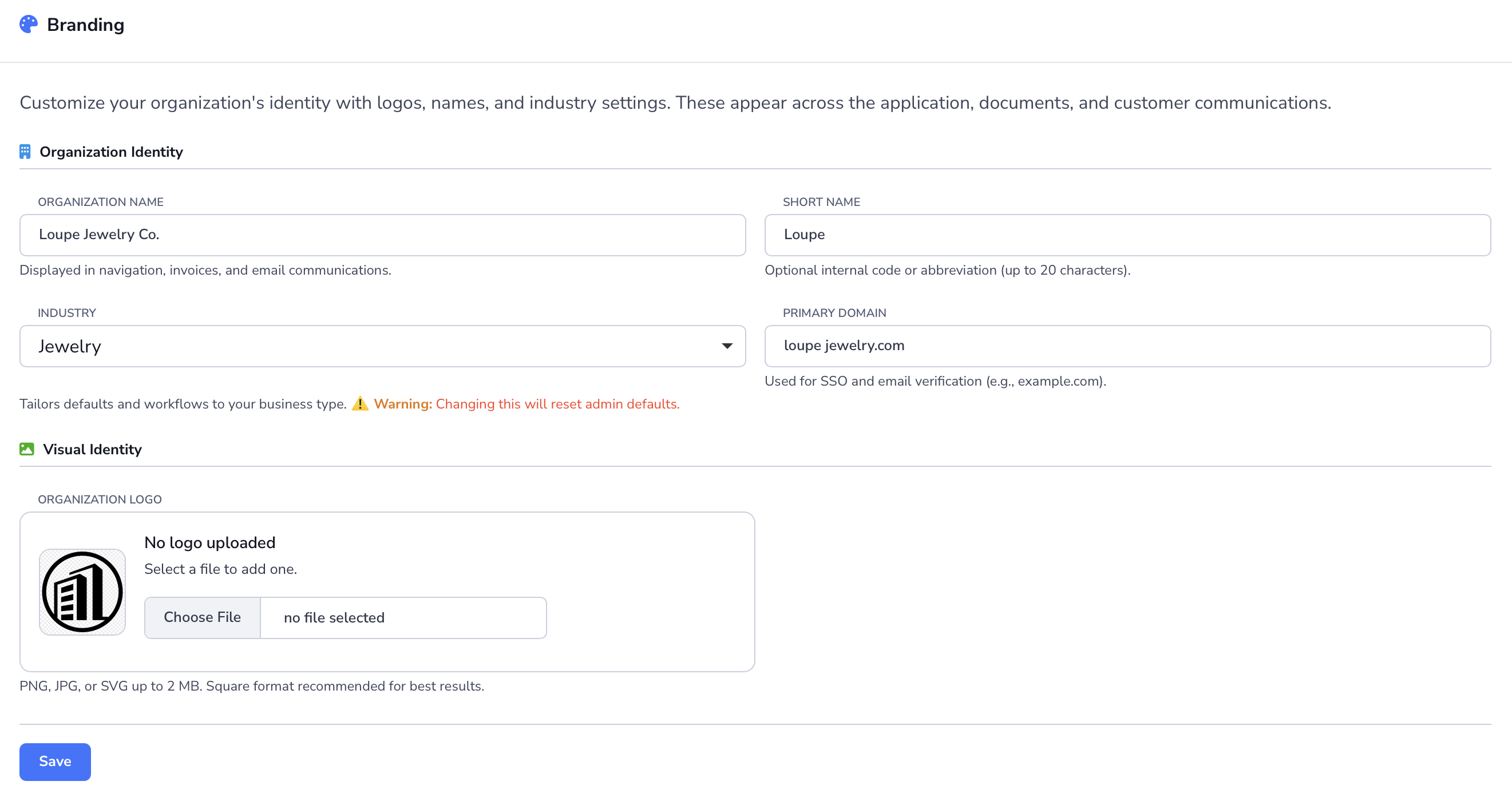 Loupe Factory Organization Settings Branding section showing organization identity fields and logo upload controls.