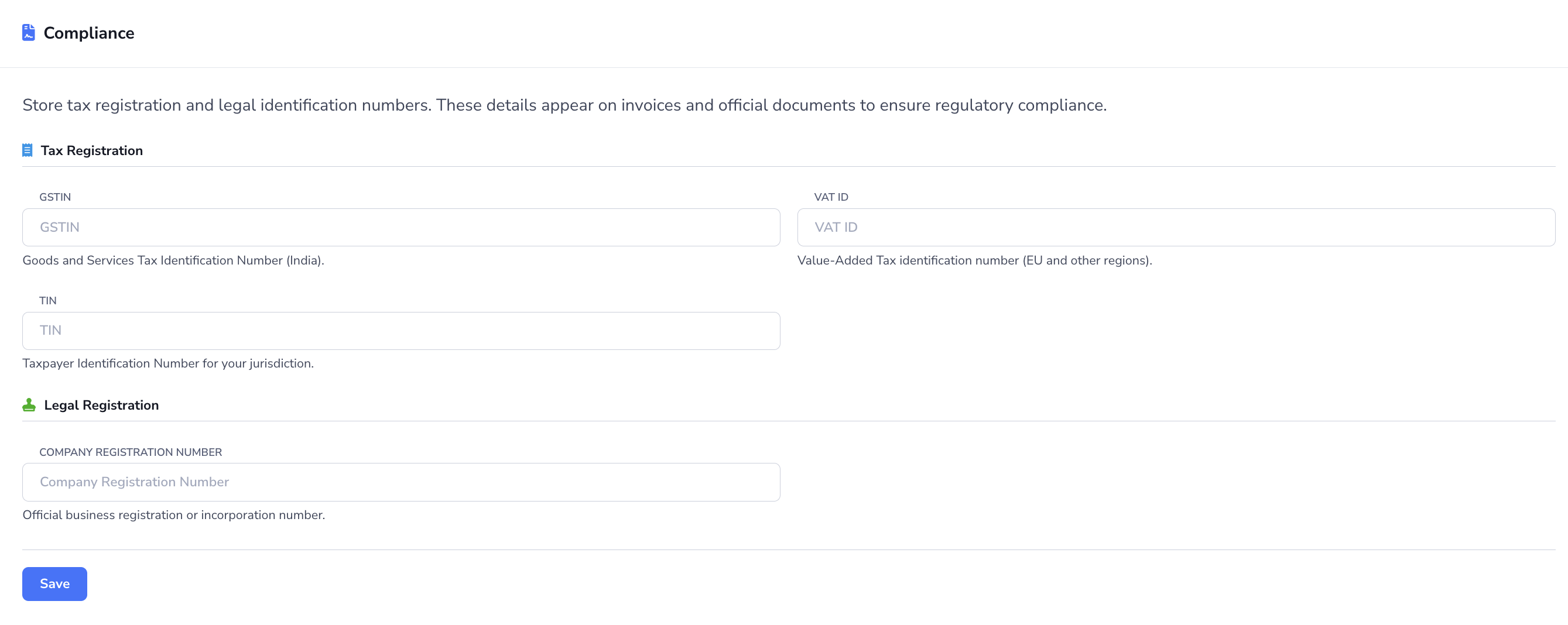 Loupe Factory Organization Settings Compliance section showing tax and legal registration fields.