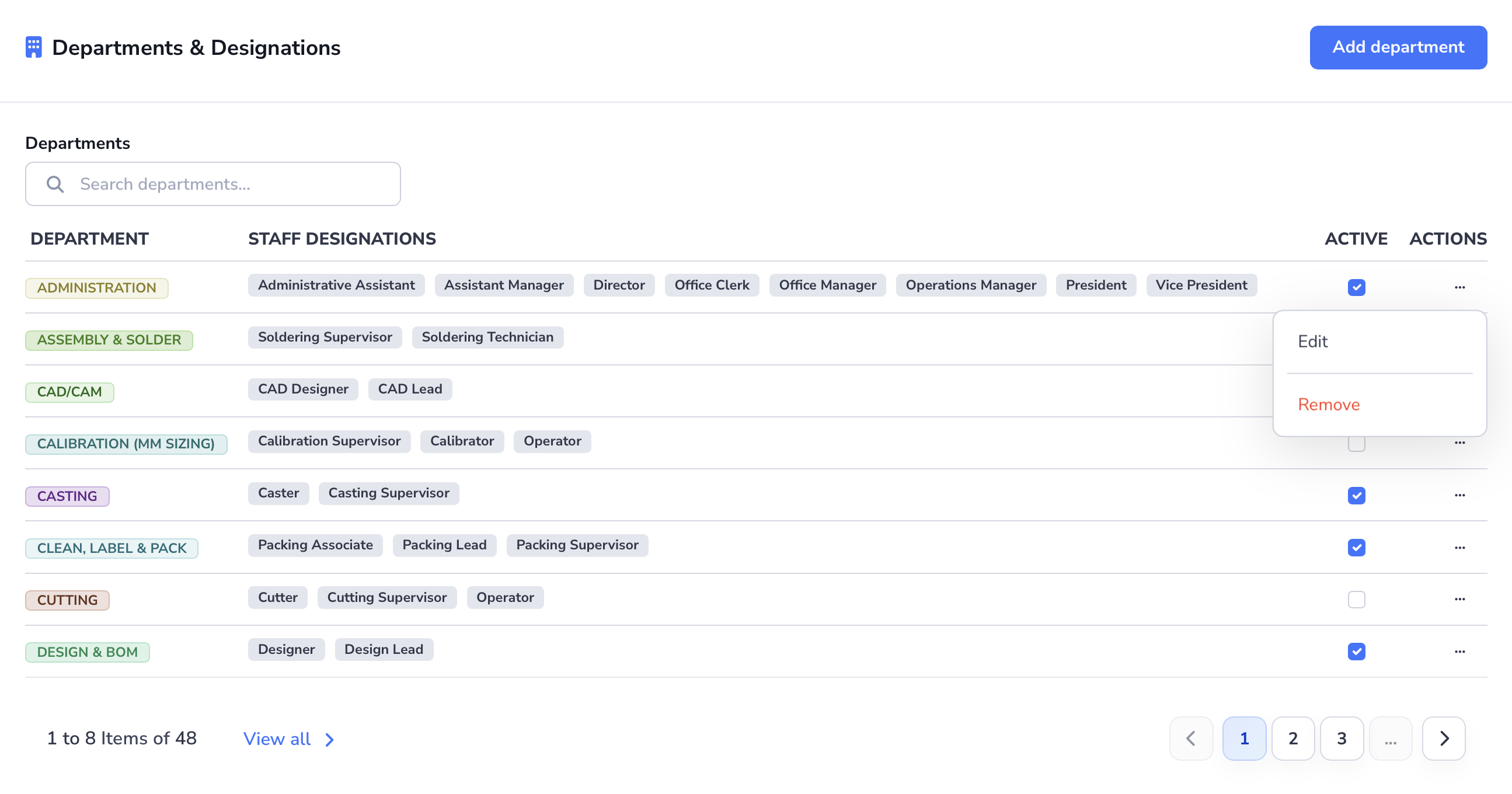 Loupe Factory Organization Settings Departments and Designations section showing department records and designation management controls.