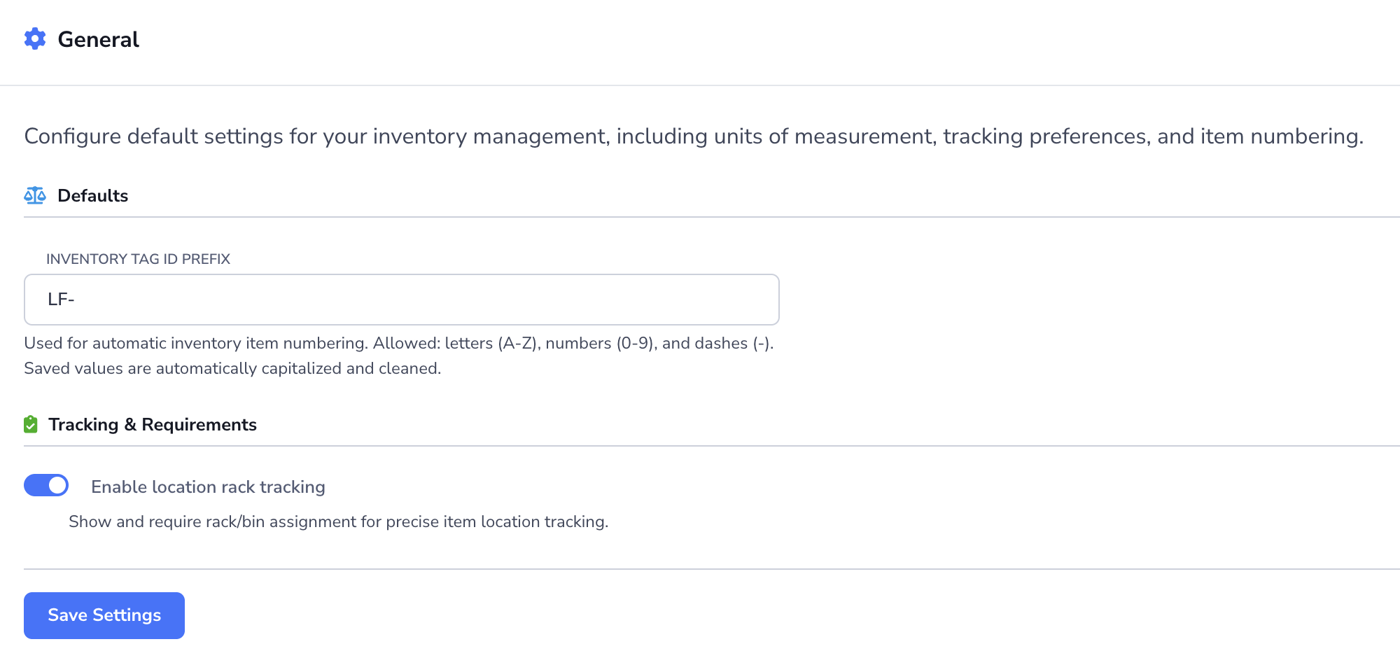 Loupe Factory Inventory Settings General section showing the inventory tag prefix field and rack tracking toggle.