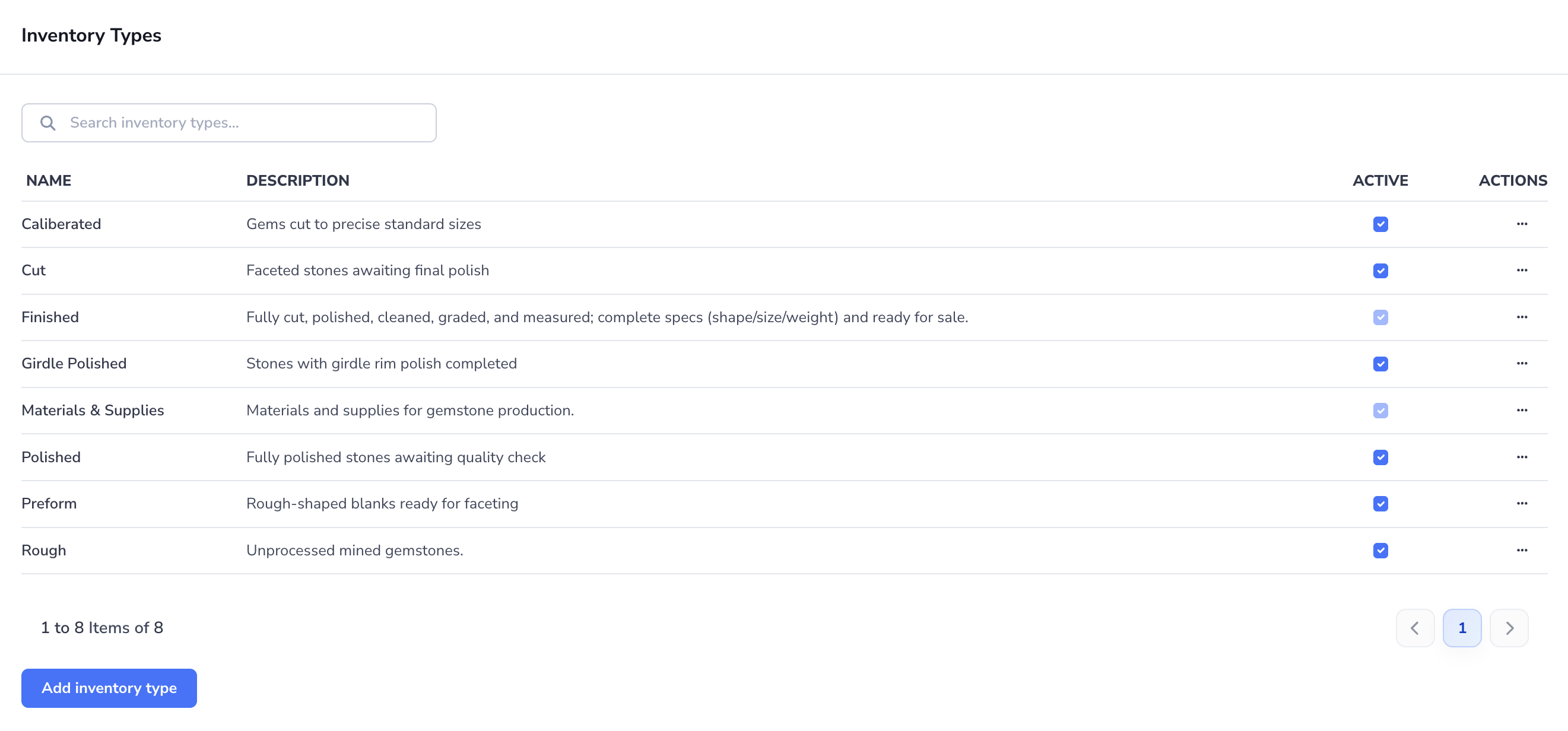 Loupe Factory Inventory Settings Inventory Types section showing the inventory type list, protected type behavior, and add inventory type form.