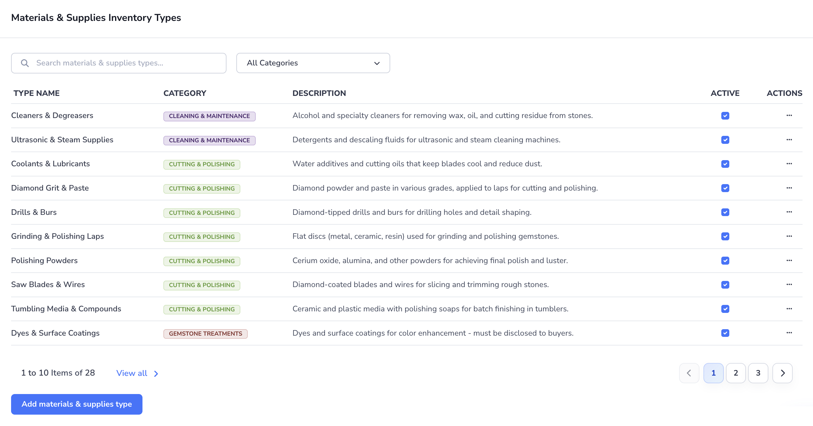 Loupe Factory Inventory Settings Materials and Supplies Inventory Types section showing the type list, category filter, and add or edit form.