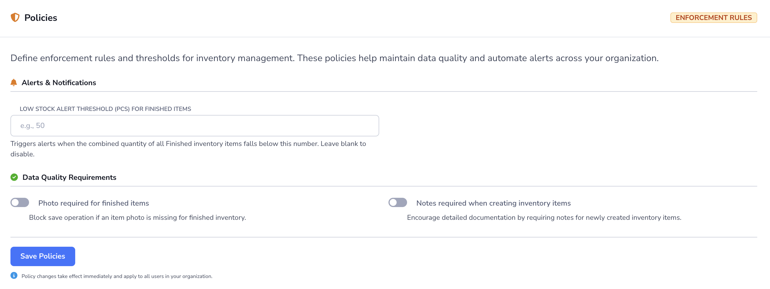Loupe Factory Inventory Settings Policies section showing low stock threshold and data quality toggles.