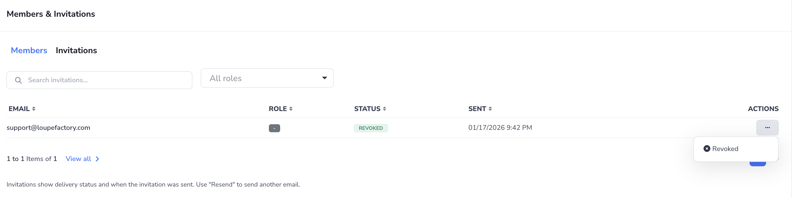 Loupe Factory Users & Access Invitations tab showing pending team member invitations and row actions.