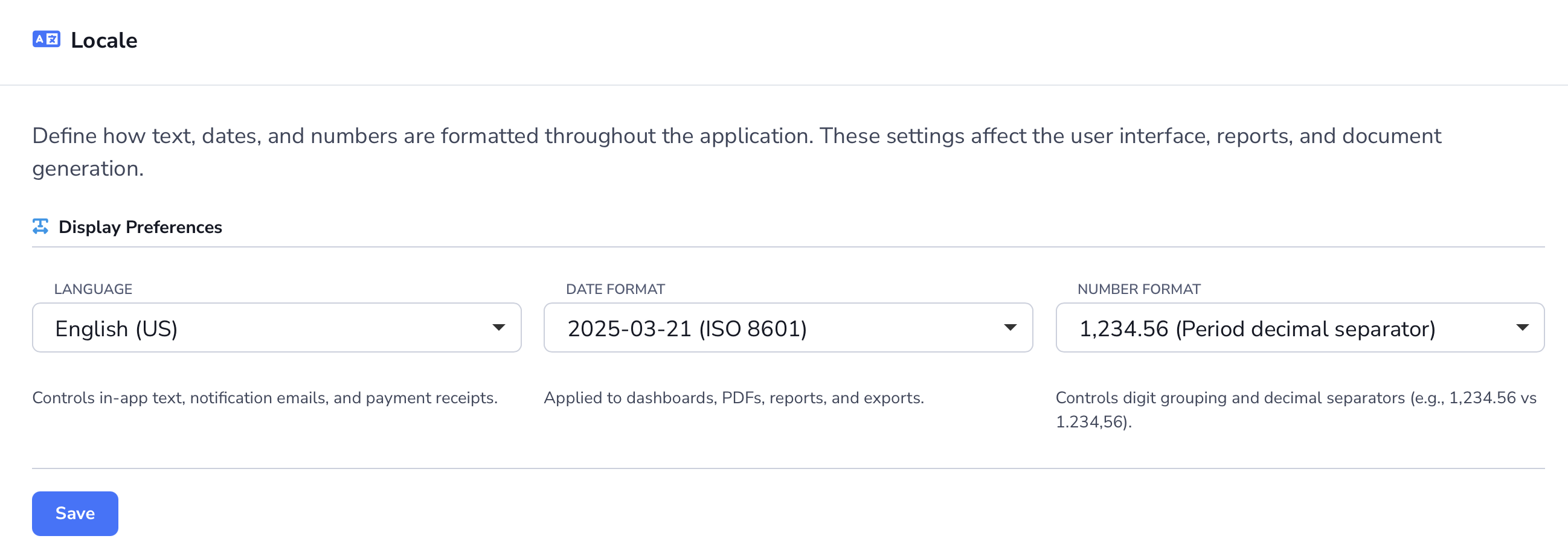 Loupe Factory Organization Settings Locale section showing language, date format, and number format options.
