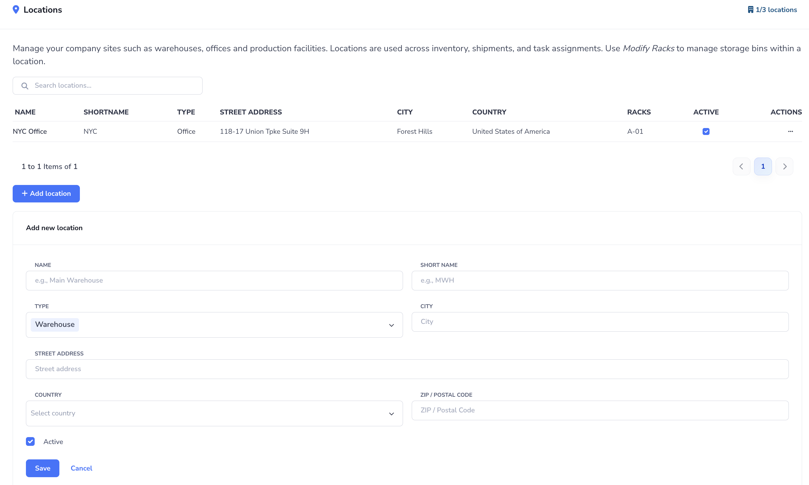 Loupe Factory Organization Settings Locations section showing the location list, search, actions, and add location flow.