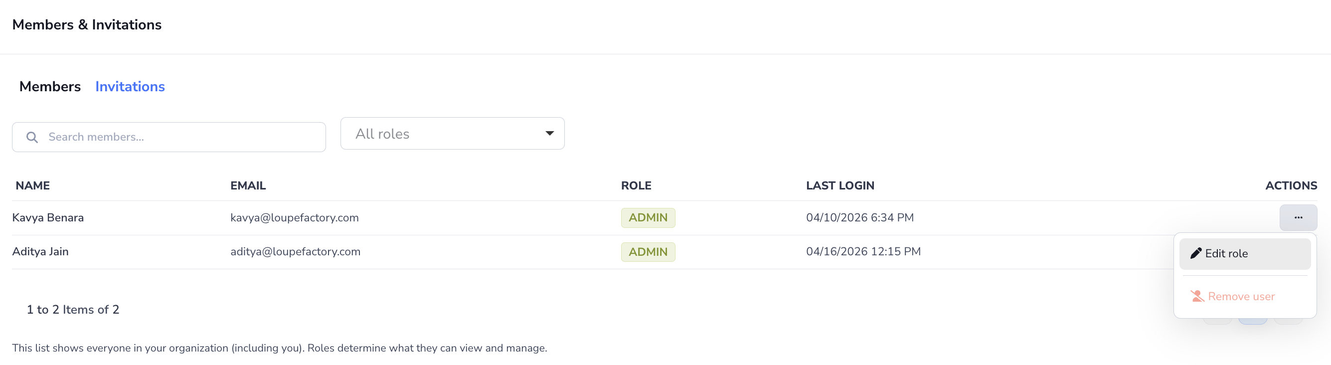 Loupe Factory Users & Access Members tab showing the member list, role badges, and row actions.