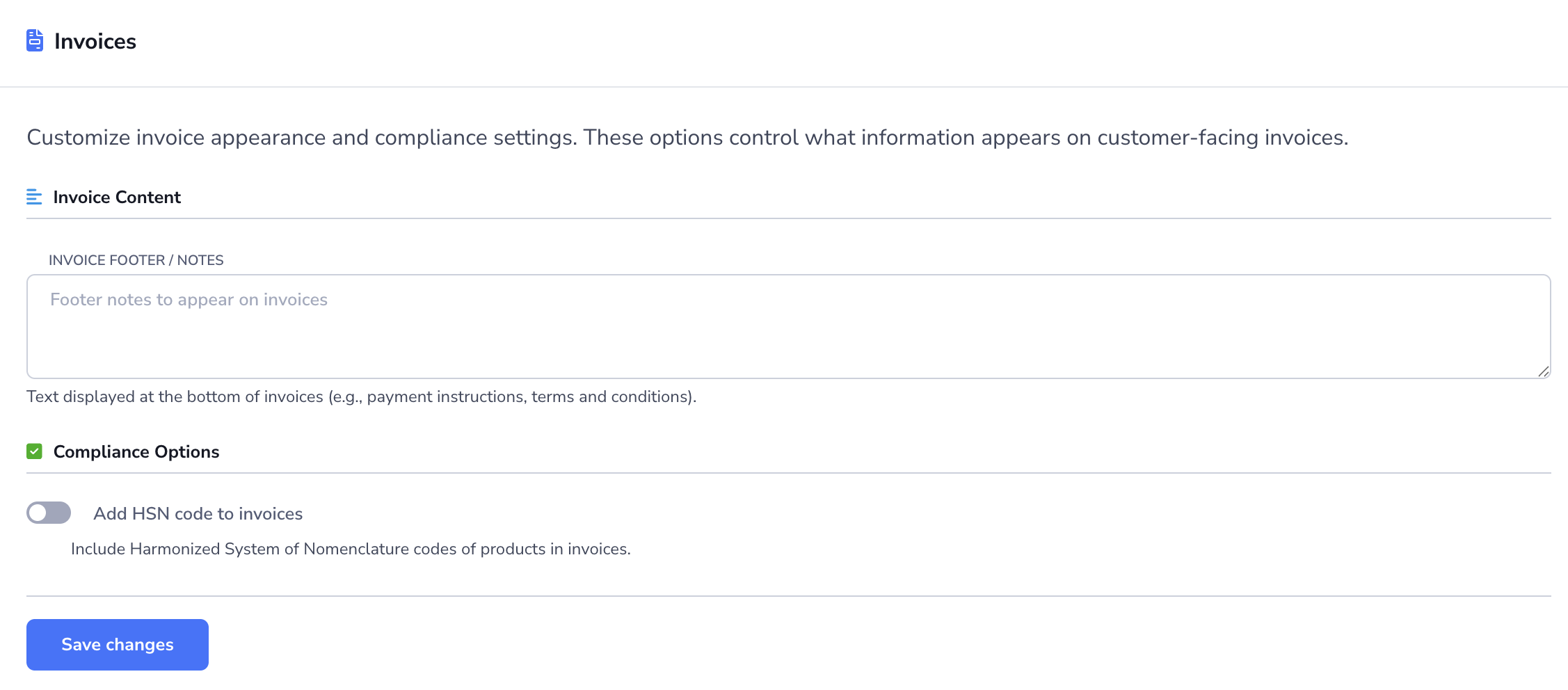 Loupe Factory Orders Settings Invoices section showing invoice footer notes and the HSN code toggle.