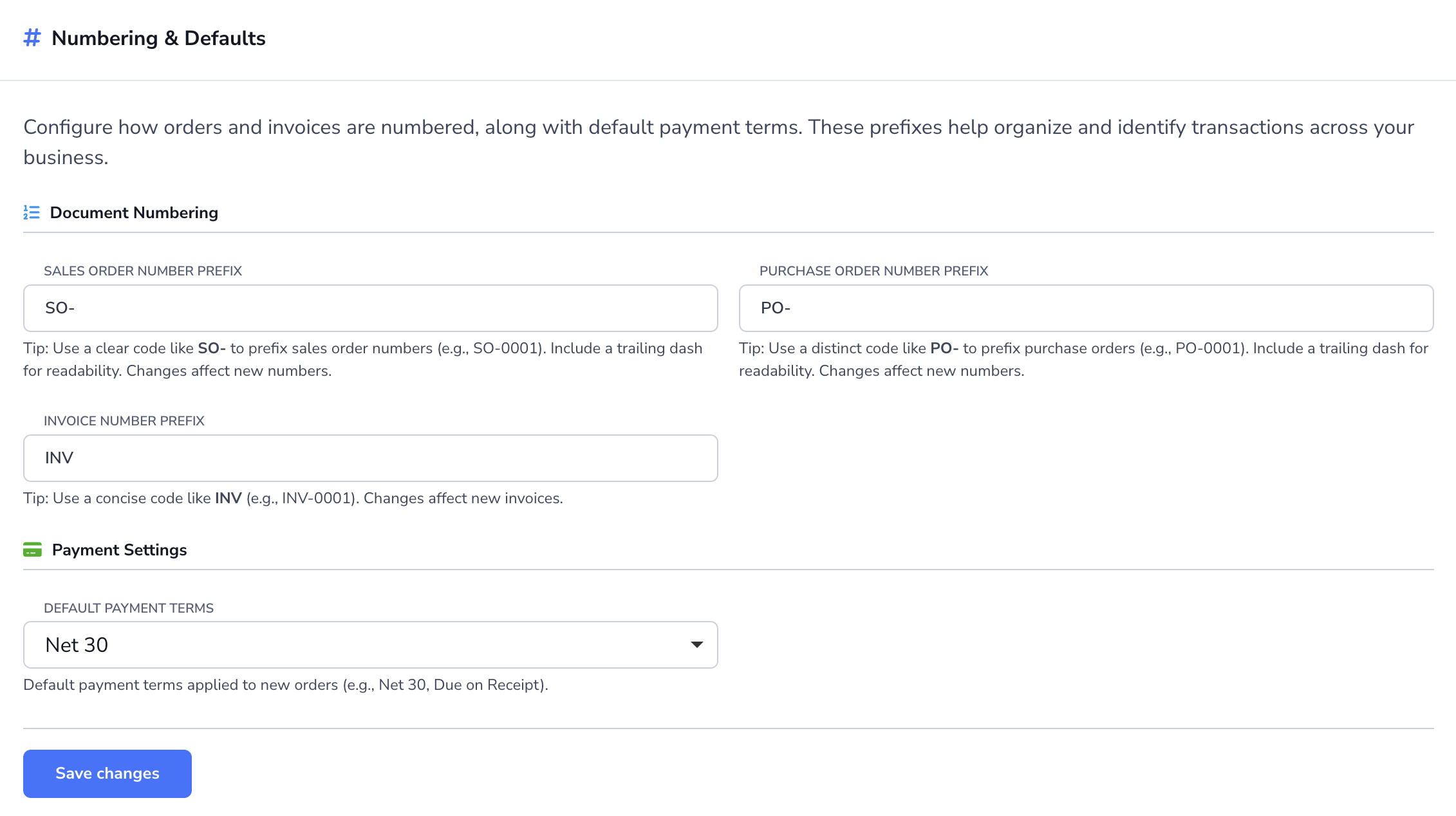 Loupe Factory Orders Settings Numbering and Defaults section showing document prefix fields and default payment terms.
