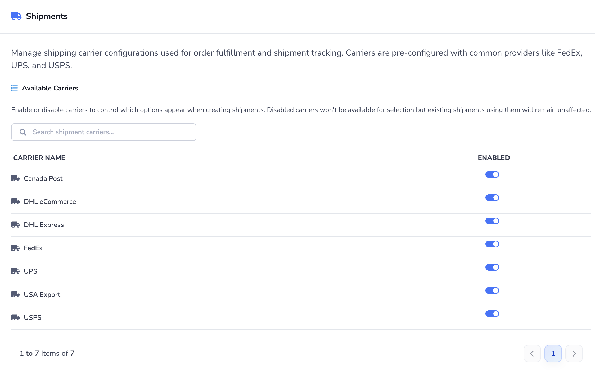 Loupe Factory Orders Settings Shipments section showing available carriers and enabled toggles.
