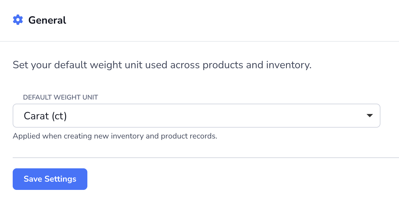 Loupe Factory Product Settings General section showing the Default weight unit field.