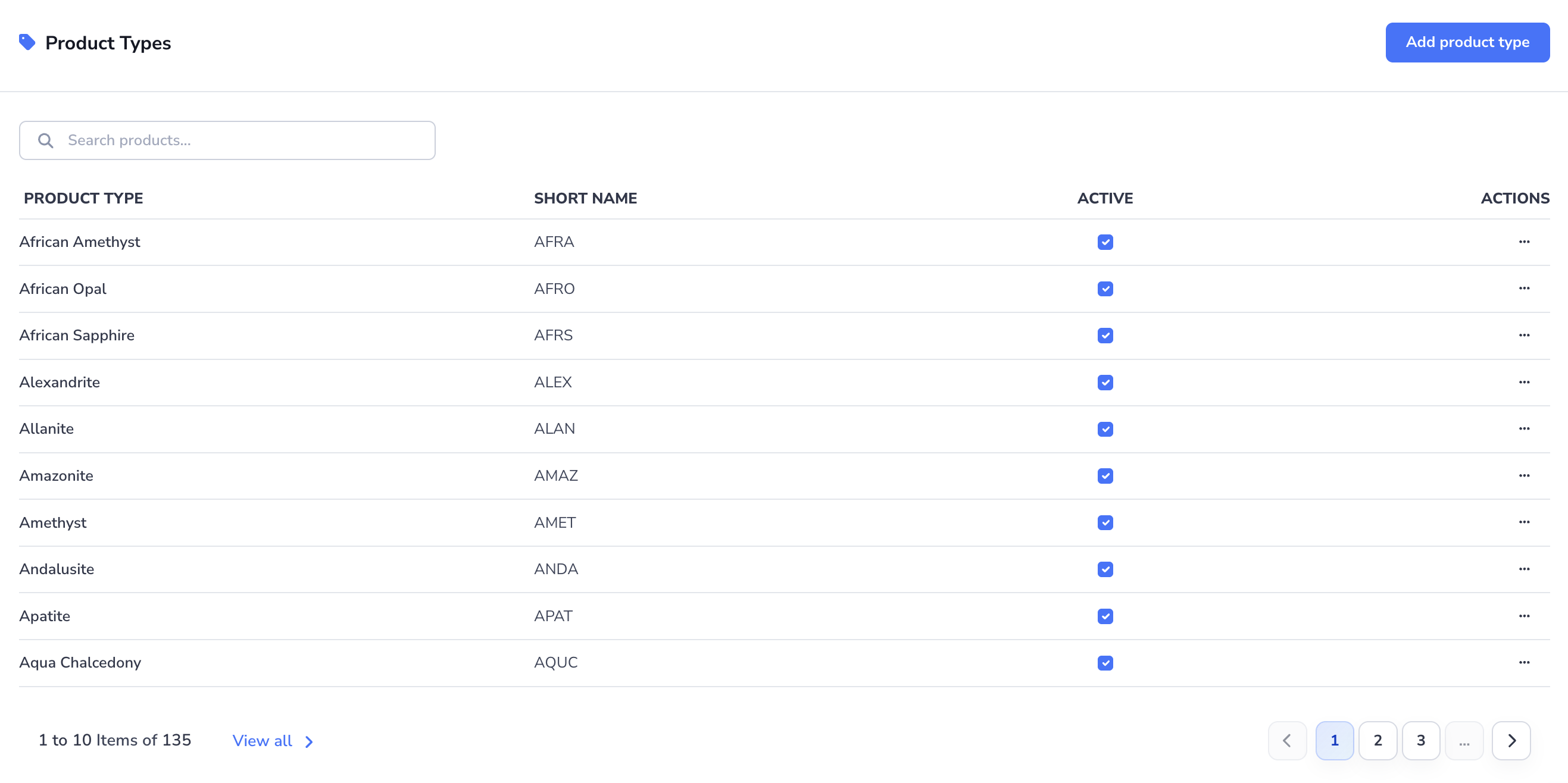 Loupe Factory Product Settings Product Types section showing the product type list, search, active toggle, and add product type form.
