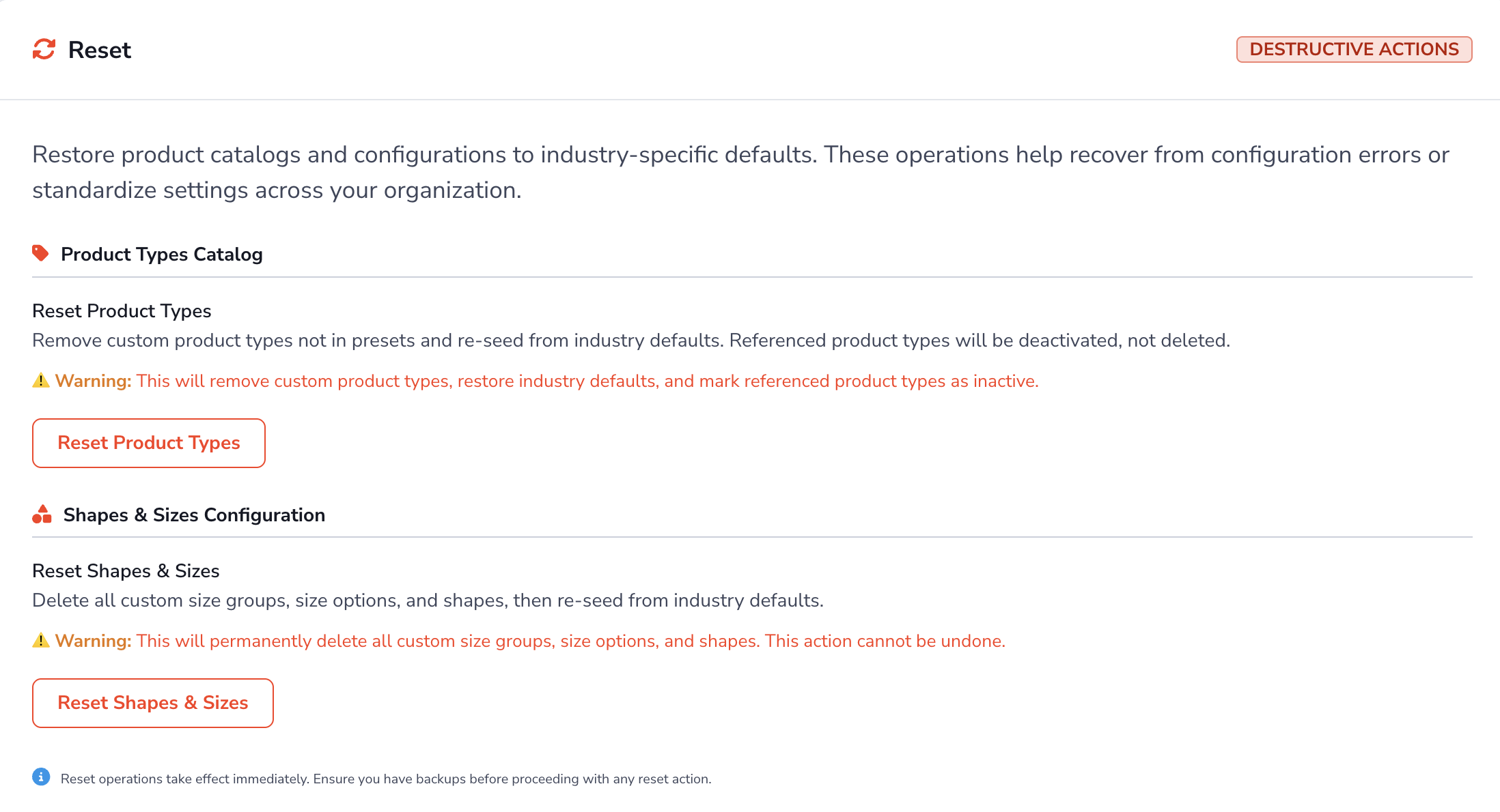 Loupe Factory Product Settings Reset section showing product catalog reset actions and warning text.