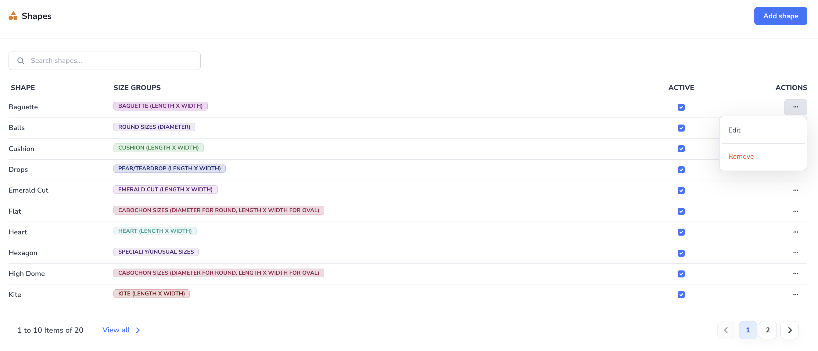 Loupe Factory Product Settings Shapes section showing the shapes list and shape editor with assigned size groups.