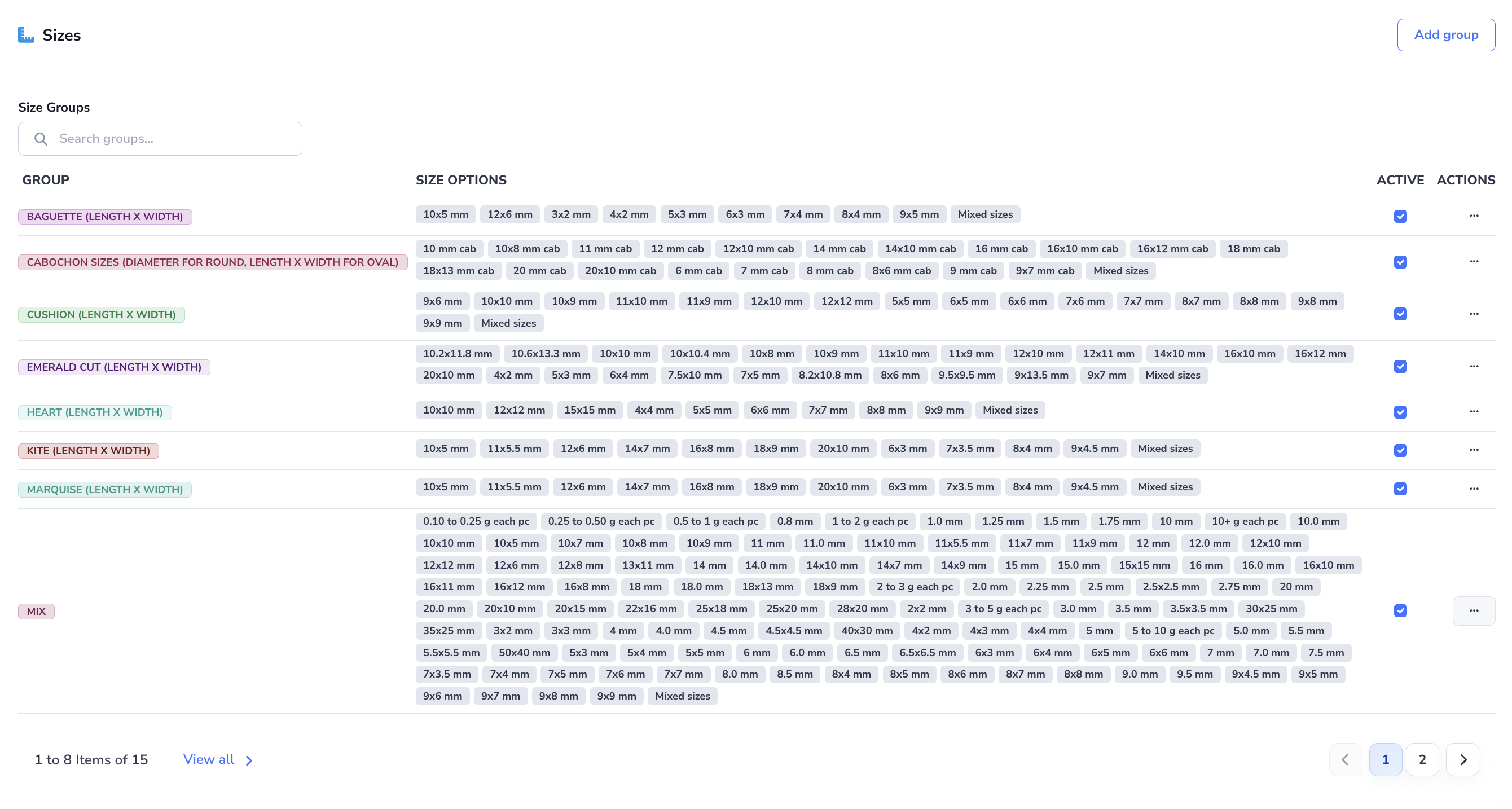 Loupe Factory Product Settings Size Groups section showing the size groups table and controls for managing size options.