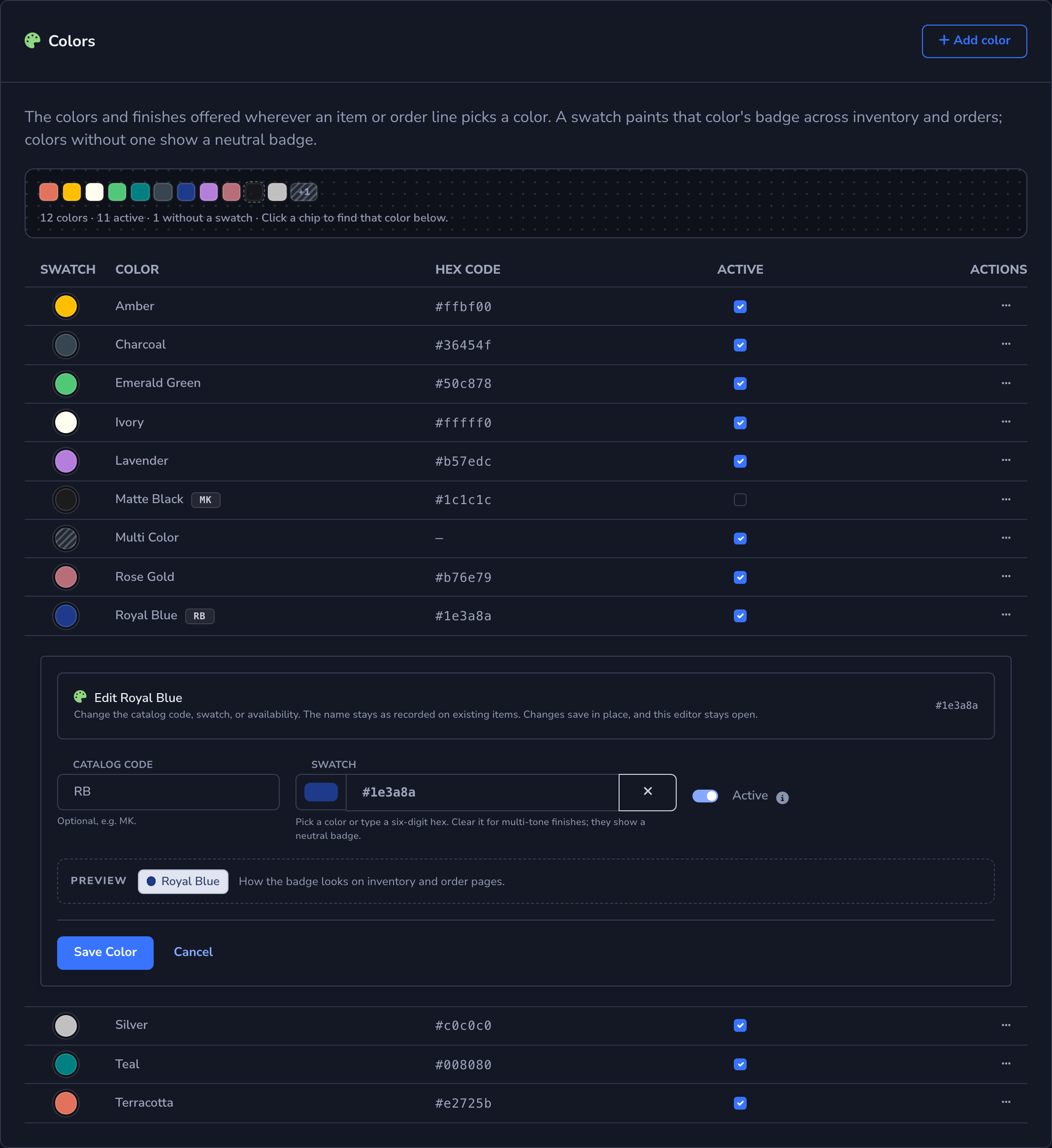 Dark mode Colors card in Product Settings showing the palette rail, the color table with swatch dots, catalog code chips, hex codes, and Active checkboxes, and the inline editor for Royal Blue with its catalog code, swatch, Active toggle, and badge preview.