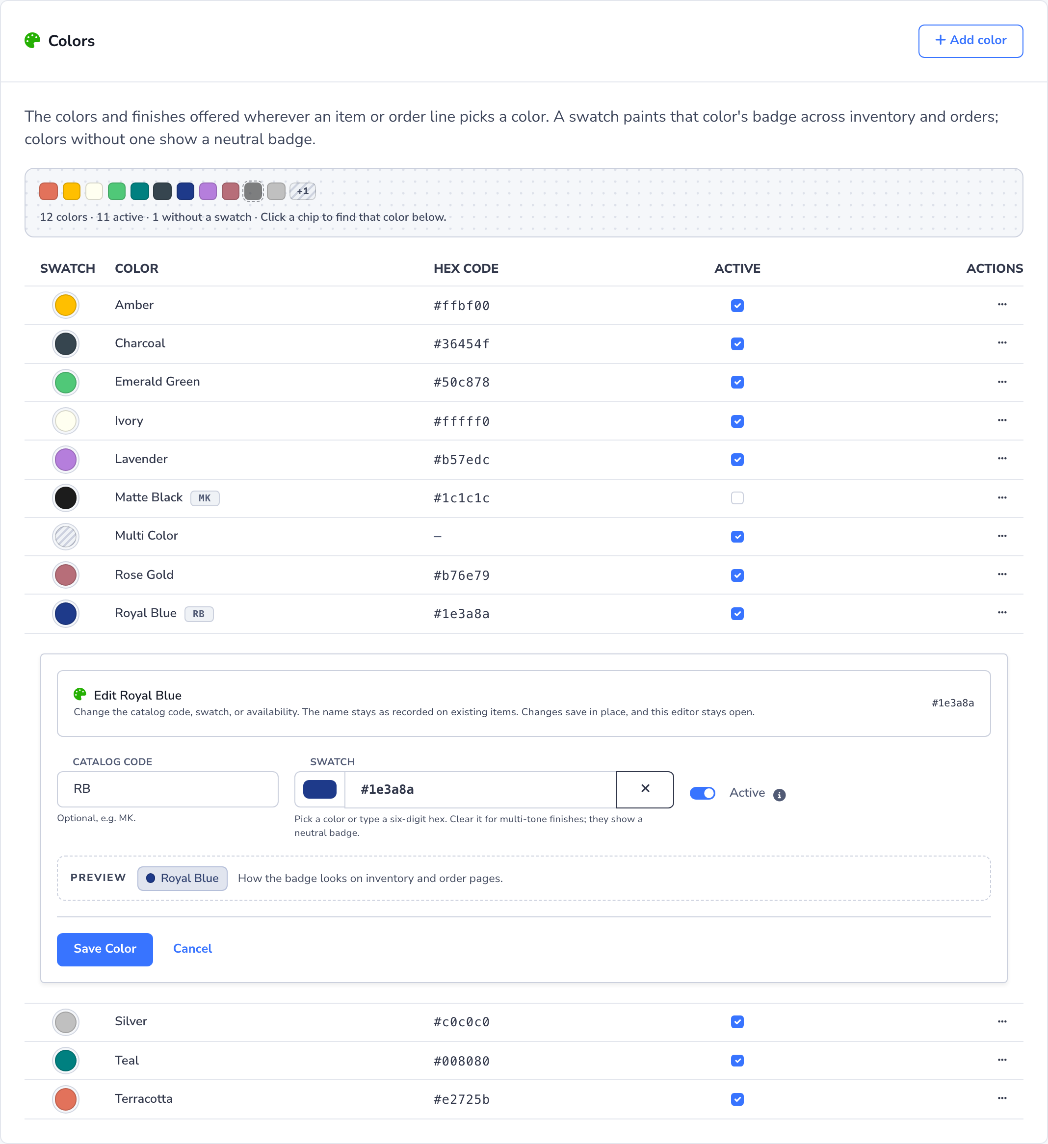 Light mode Colors card in Product Settings showing the palette rail, the color table with swatch dots, catalog code chips, hex codes, and Active checkboxes, and the inline editor for Royal Blue with its catalog code, swatch, Active toggle, and badge preview.