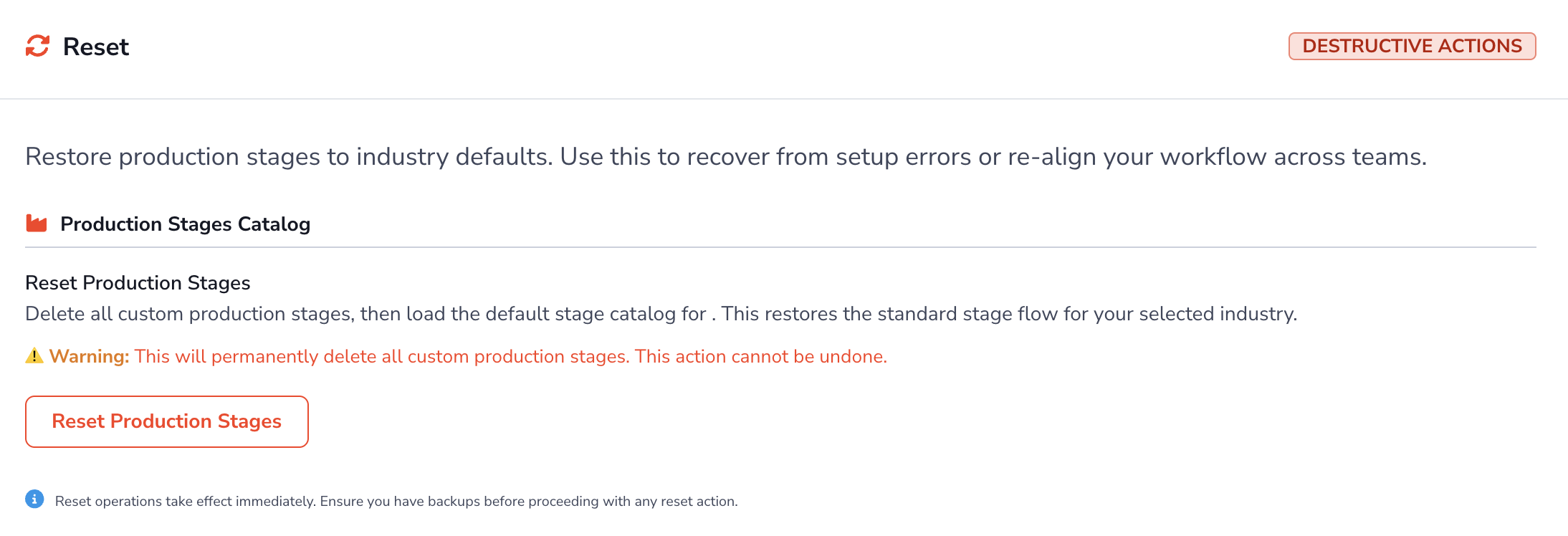 Loupe Factory Production Settings Reset section showing the Reset Production Stages action.