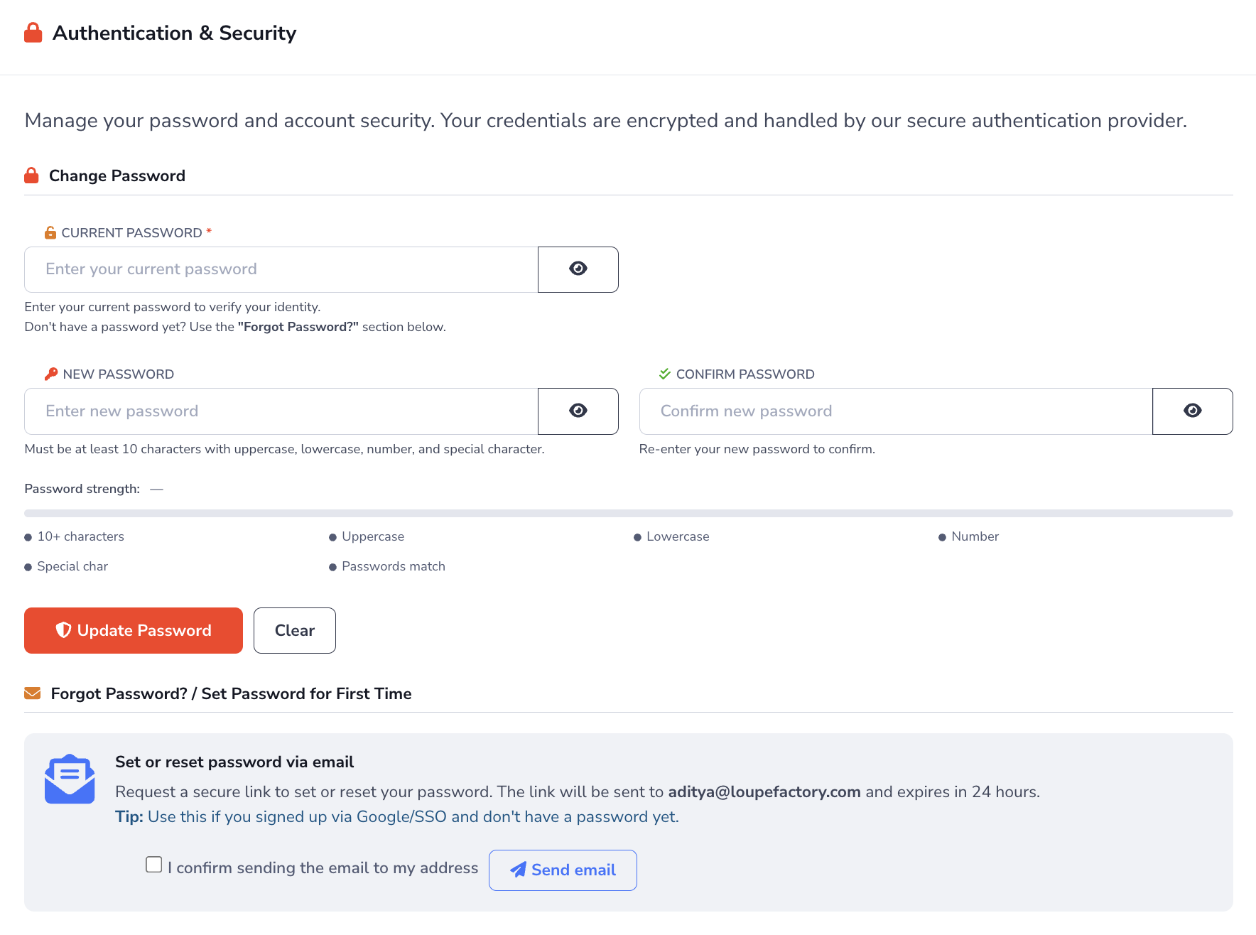 Loupe Factory Profile Authentication and Security section showing the change password form, first-time password setup option, and password requirements.