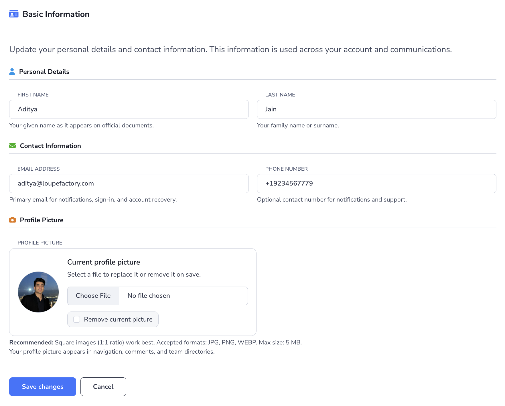 Loupe Factory Profile page showing personal details, contact information, and profile picture upload controls.