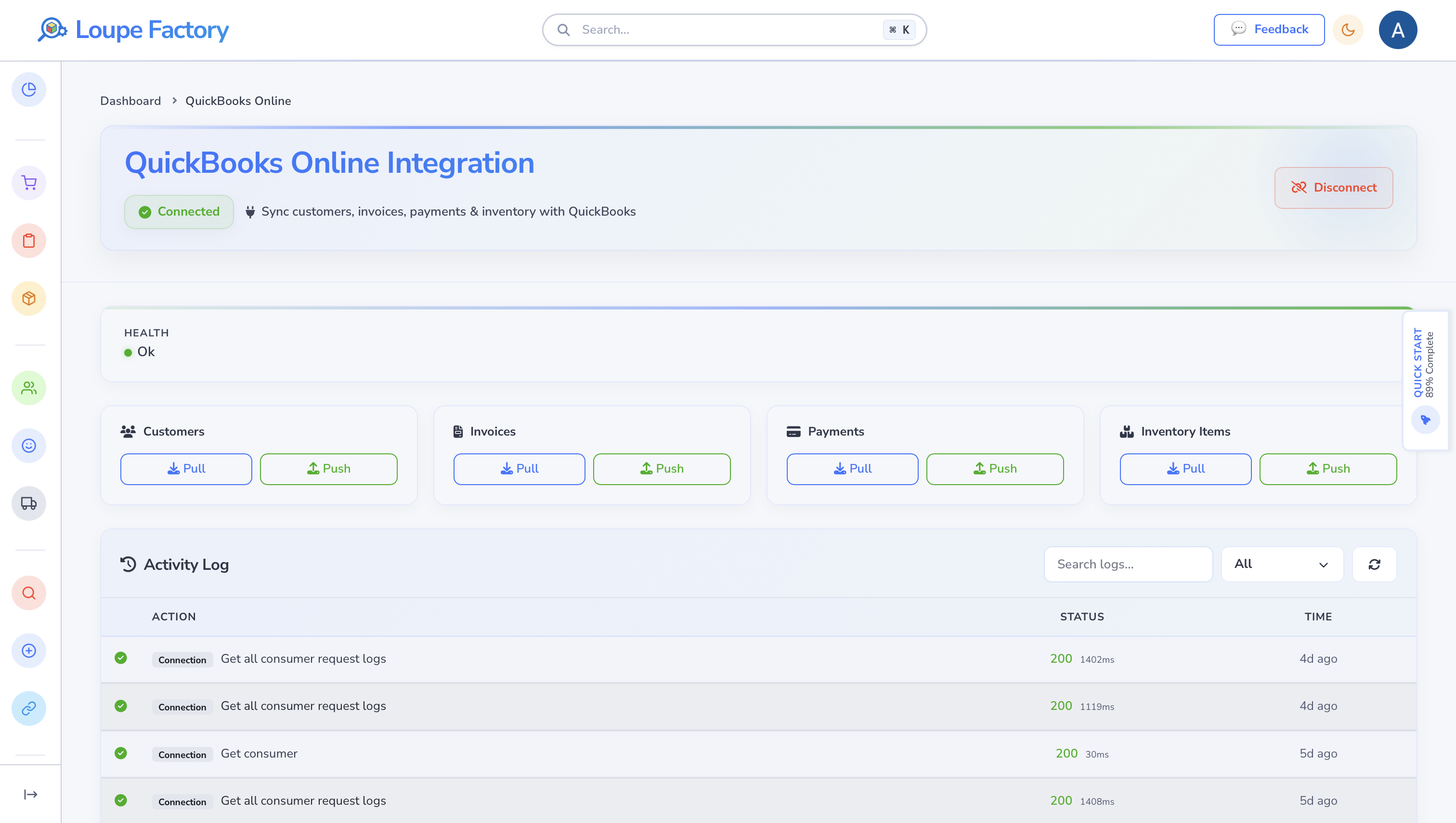 Loupe Factory QuickBooks Online integration page showing the connected company details and pull and push sync actions for customers, invoices, payments, and inventory items.