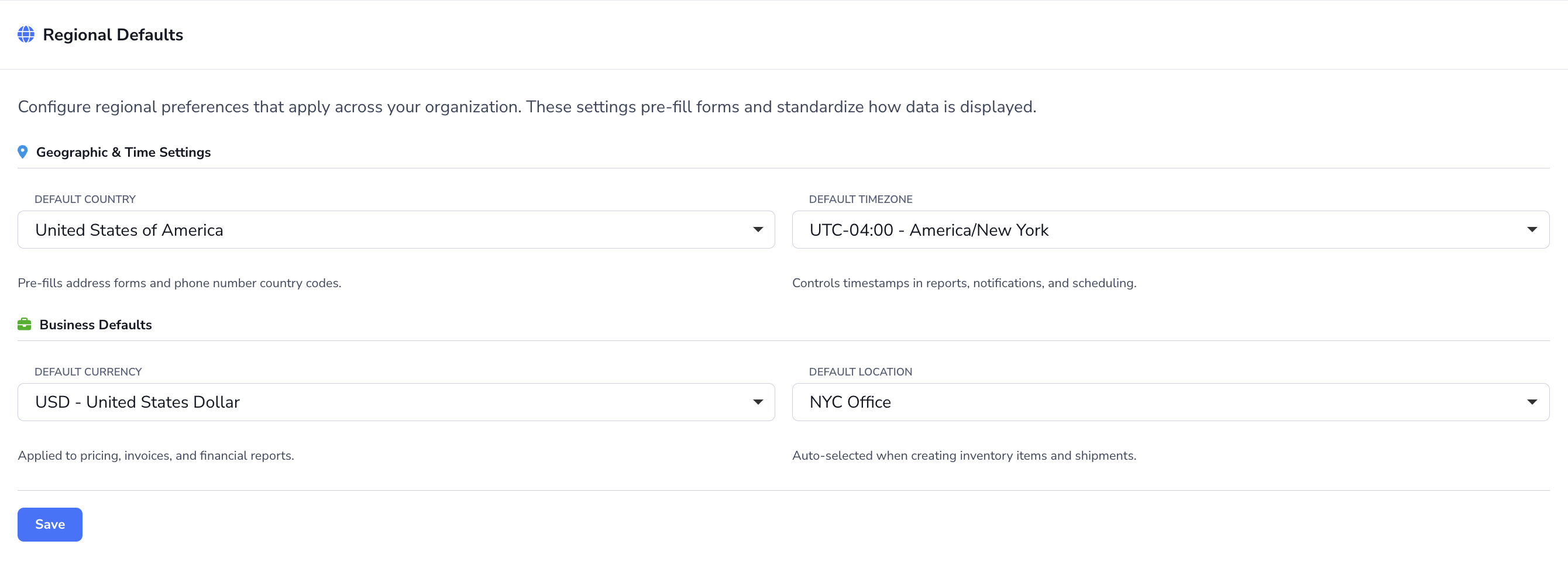 Loupe Factory Organization Settings Regional Defaults section showing country, timezone, currency, and default location fields.
