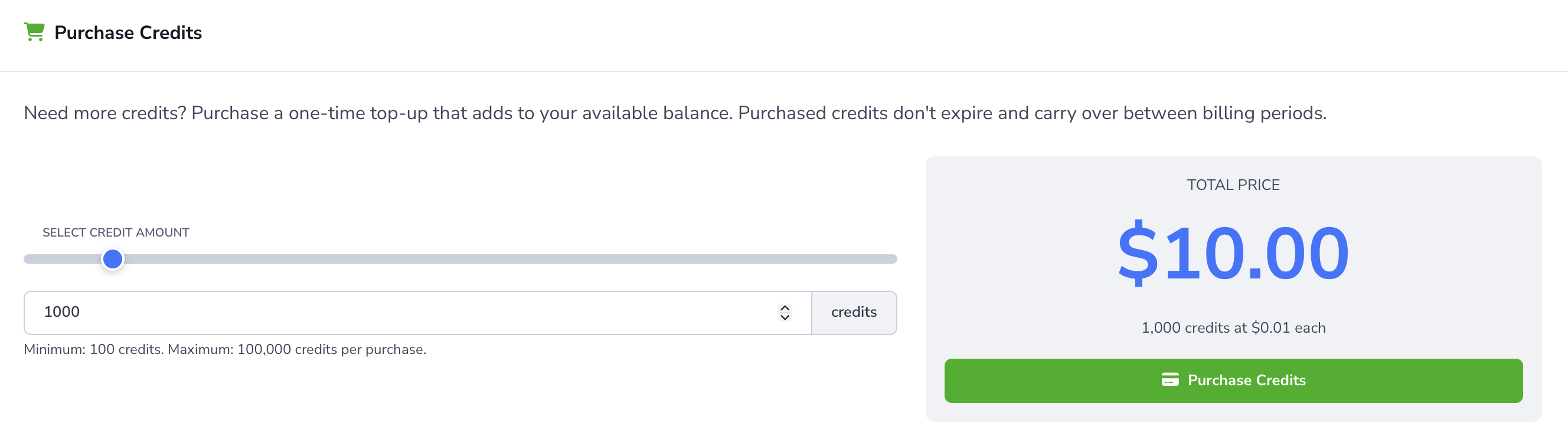 Purchase Credits section showing the credit amount selector, pricing preview, and Purchase Credits button.