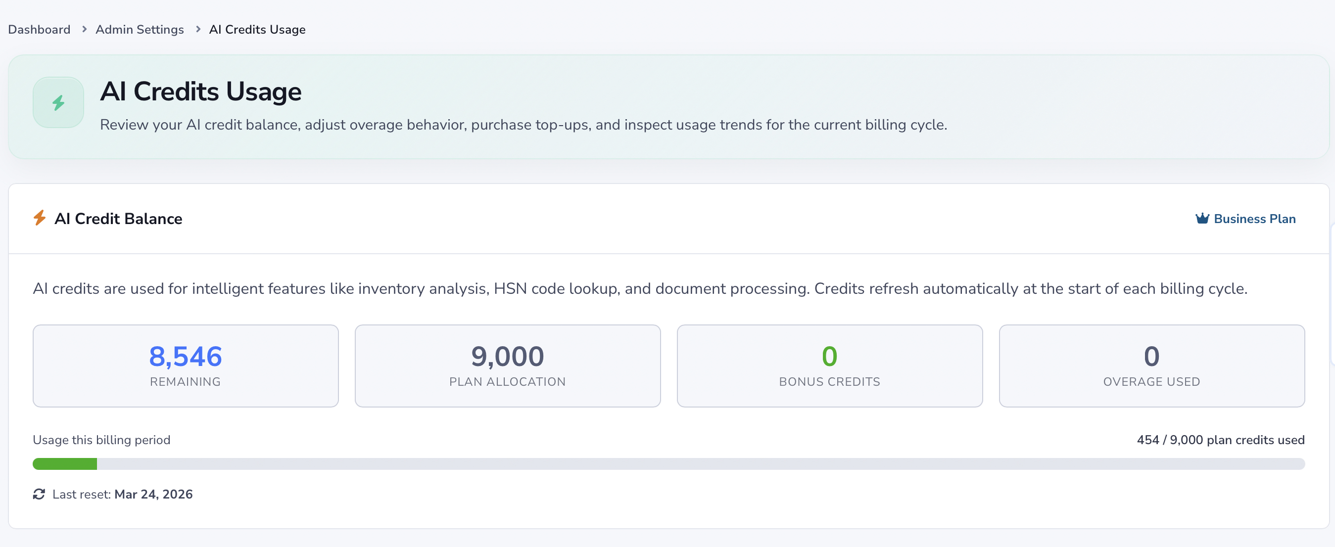 AI Credits Usage page showing the current remaining balance, plan allocation, bonus credits, overage used, and billing-period usage bar.