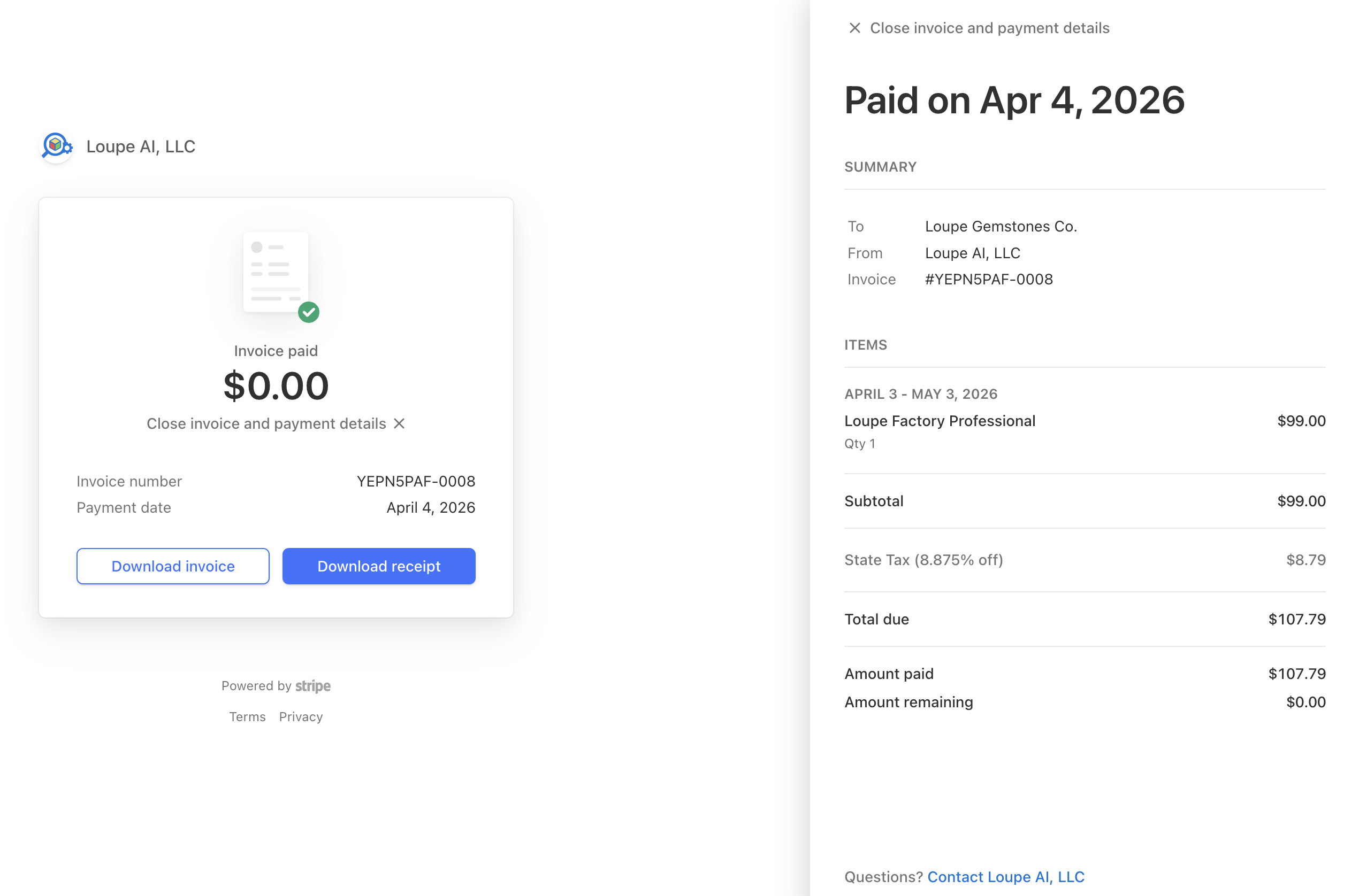 Invoice detail view showing the paid date, invoice number, line items, tax breakdown, total due, amount paid, and invoice download actions.