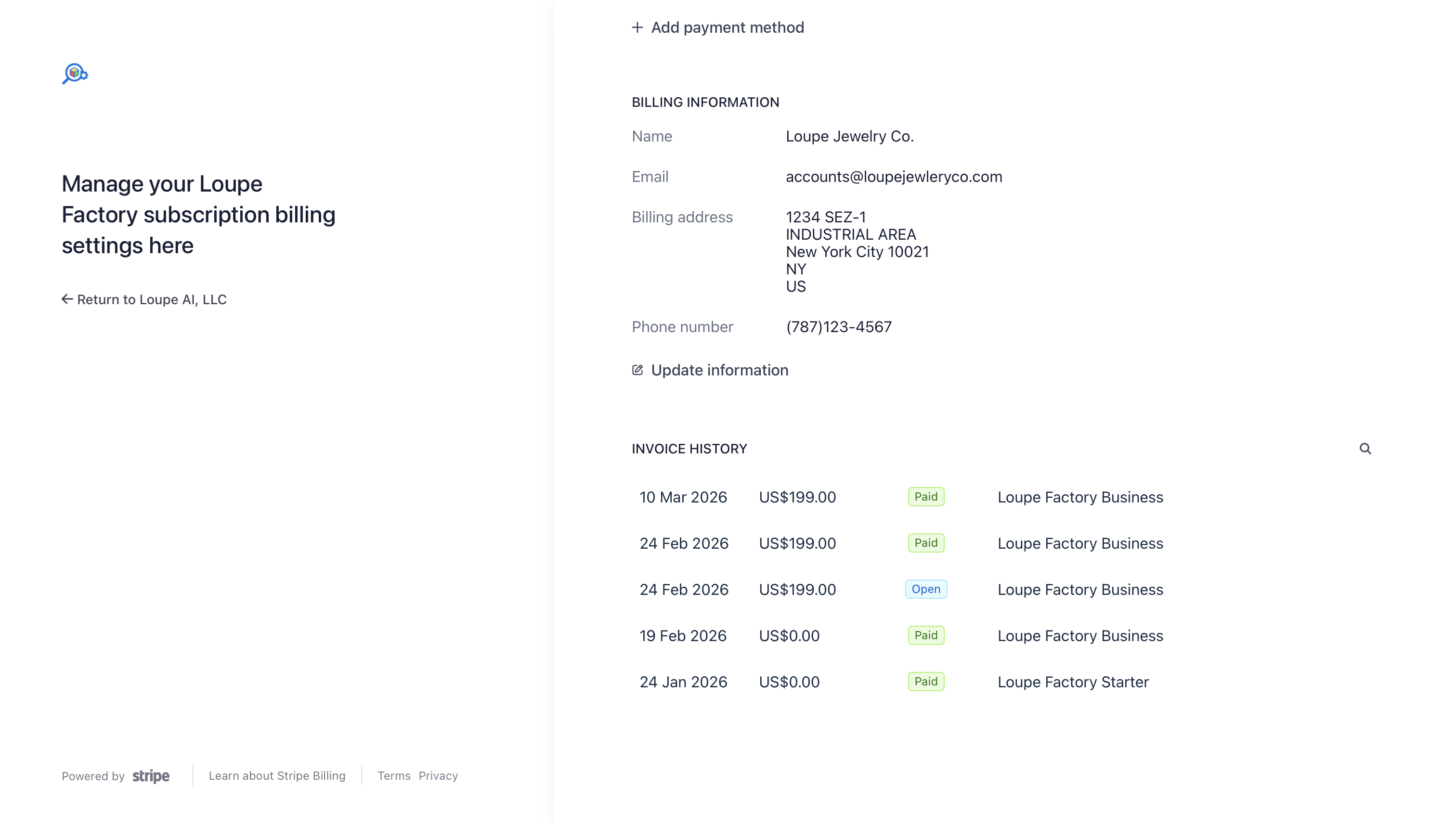 Billing portal view showing billing information, payment method controls, and the invoice history list.