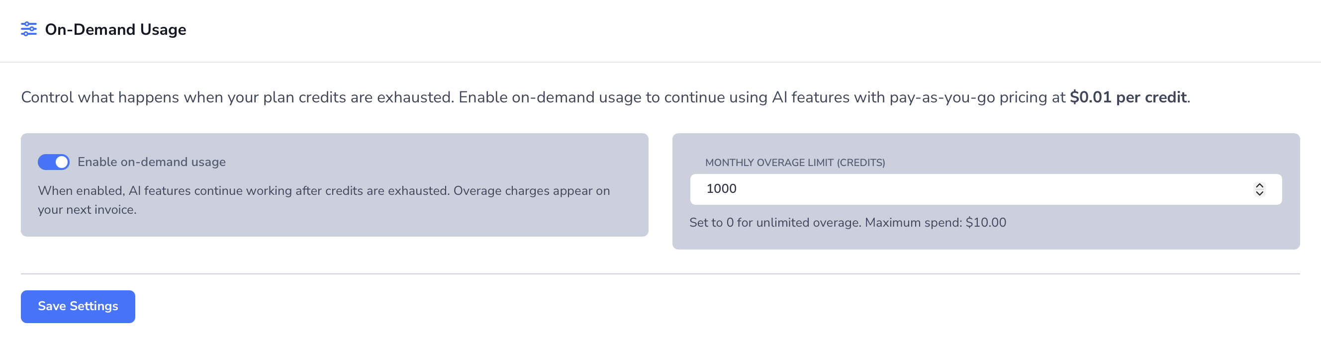 On-Demand Usage settings showing the enable toggle, monthly overage limit, and Save Settings button.