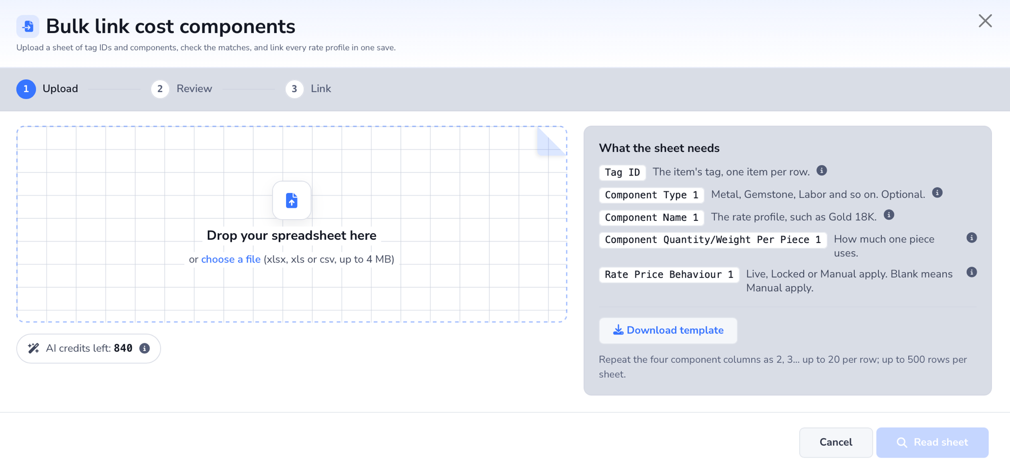 Bulk link cost components upload window showing the file picker, required spreadsheet columns, Download template, and Read sheet.