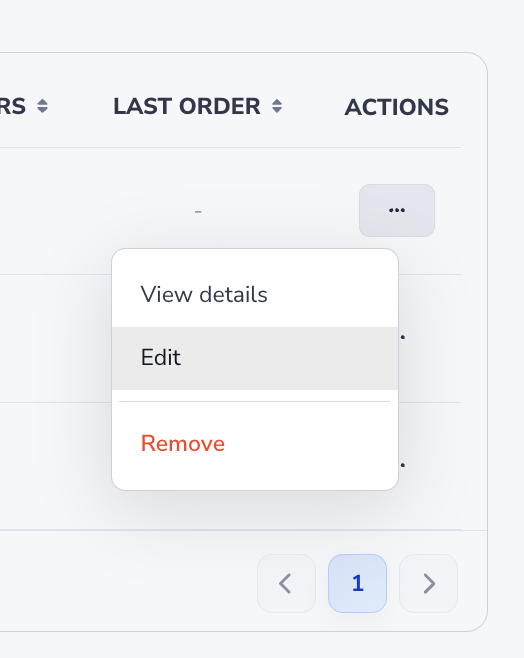 Loupe Factory Customers table row actions menu showing Edit and Remove options for a customer.