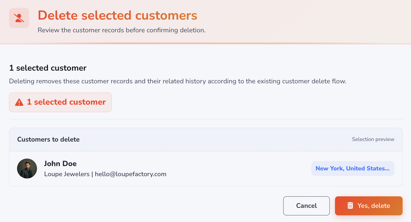 Loupe Factory customer removal confirmation modal asking the user to confirm record removal.