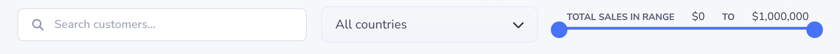 Loupe Factory Customers list filters showing the search field, country filter, total sales range filter, and Export CSV button.