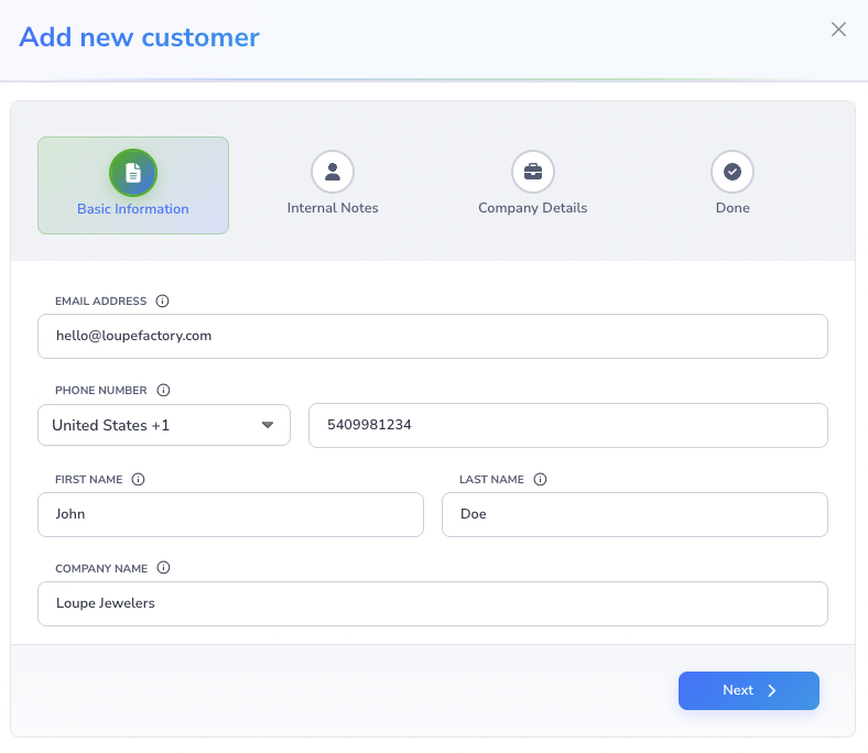Loupe Factory Add Customer modal on the Basic Information step showing email, phone, first name, last name, and company name fields.