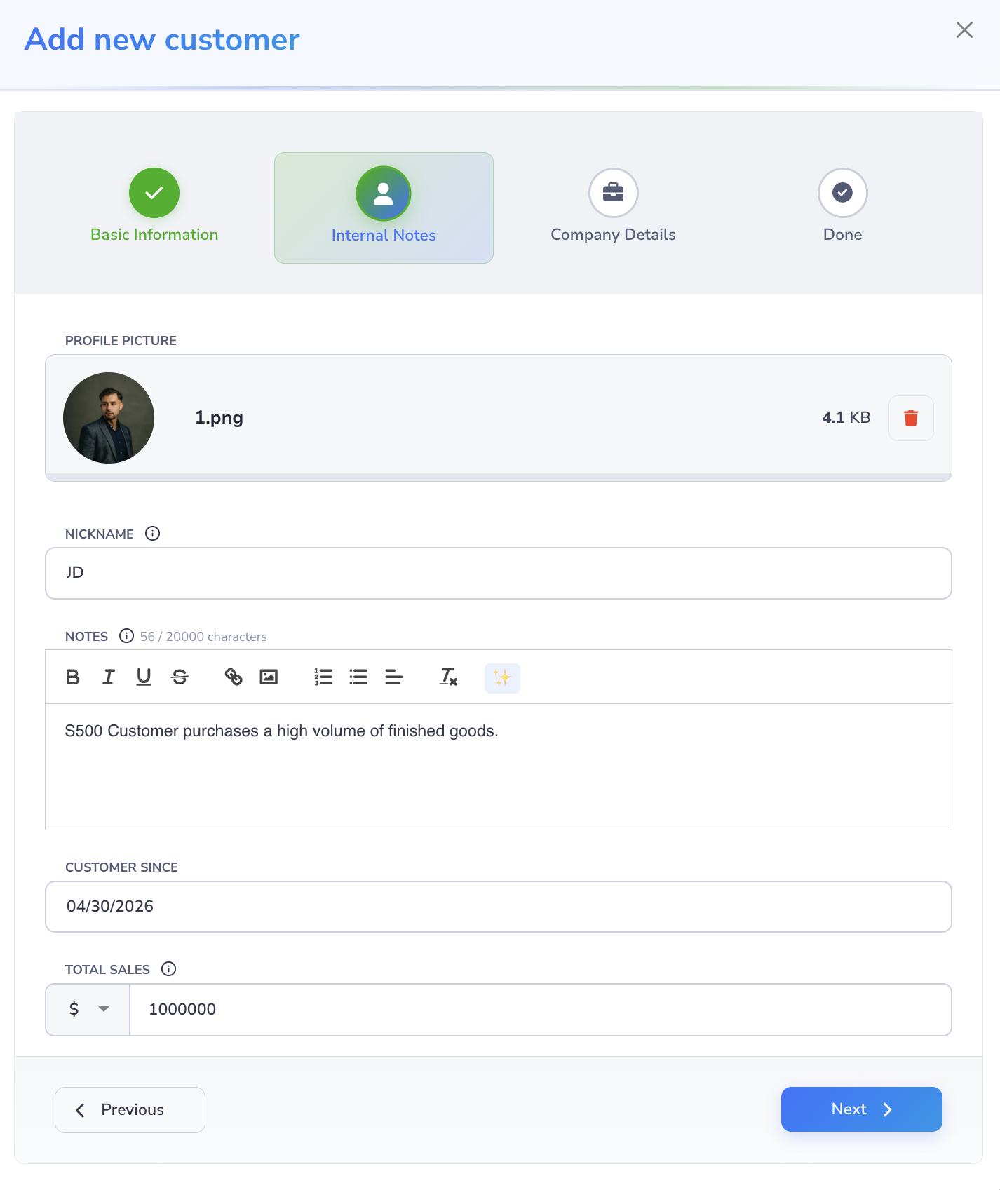 Loupe Factory Add Customer modal on the Internal Notes step showing profile picture, nickname, internal notes, Customer Since, and Total Sales fields.