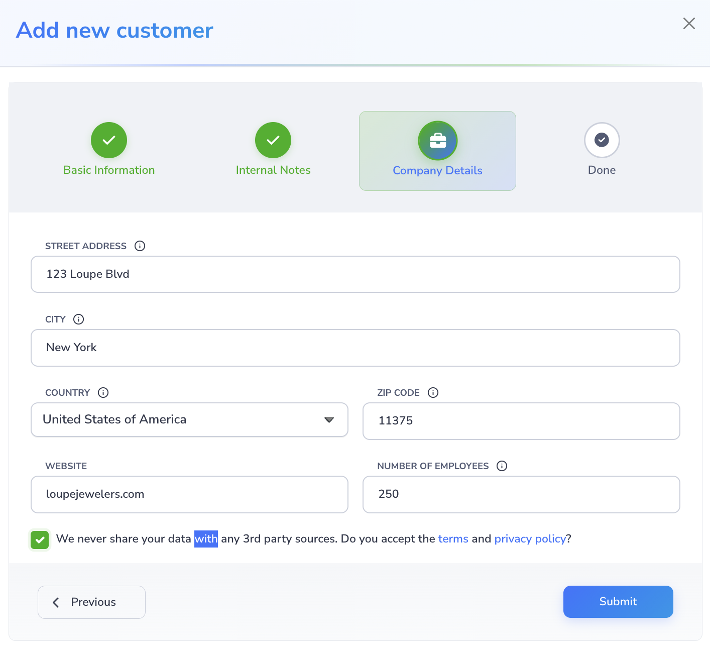 Loupe Factory Add Customer modal on the Company Details step showing address, city, country, ZIP, website, employees, and confirmation fields.