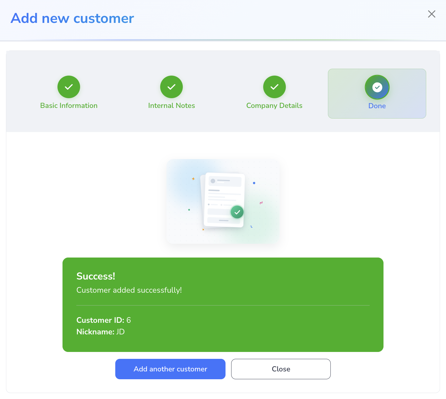 Loupe Factory Add Customer modal on the Done step showing the completed customer creation result and next actions.