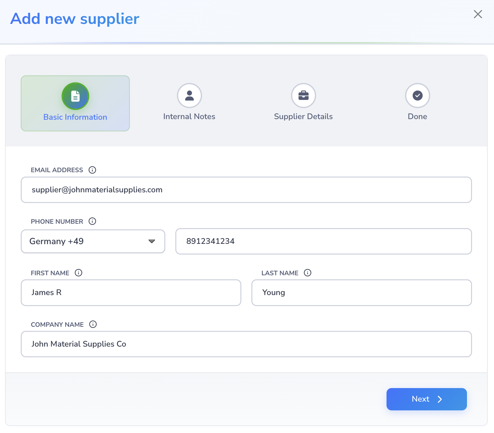Loupe Factory Add Supplier modal on the Basic Information step showing email, phone, first name, last name, and company name fields.
