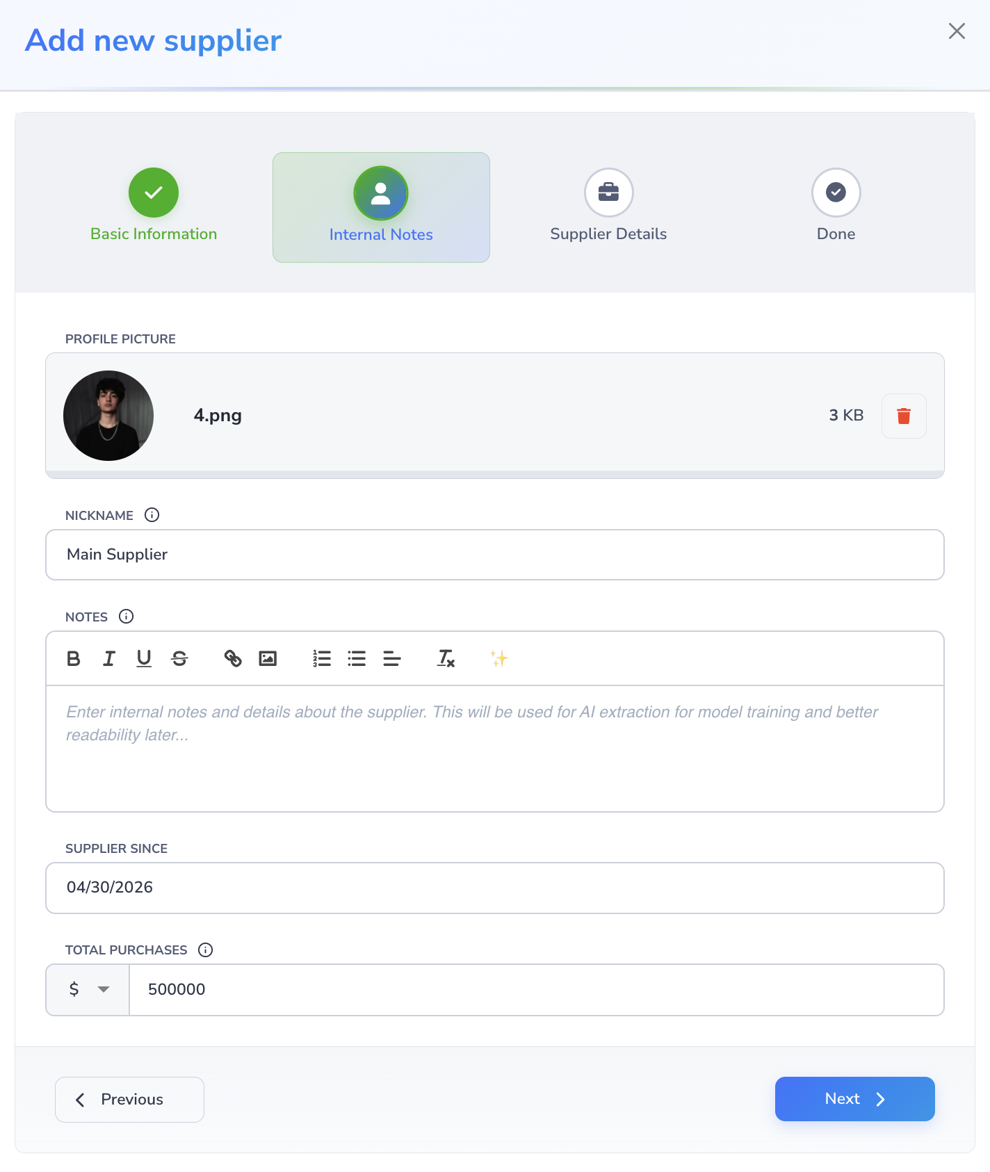 Loupe Factory Add Supplier modal on the Internal Notes step showing profile picture, nickname, internal notes, Supplier Since, and Total Purchases fields.