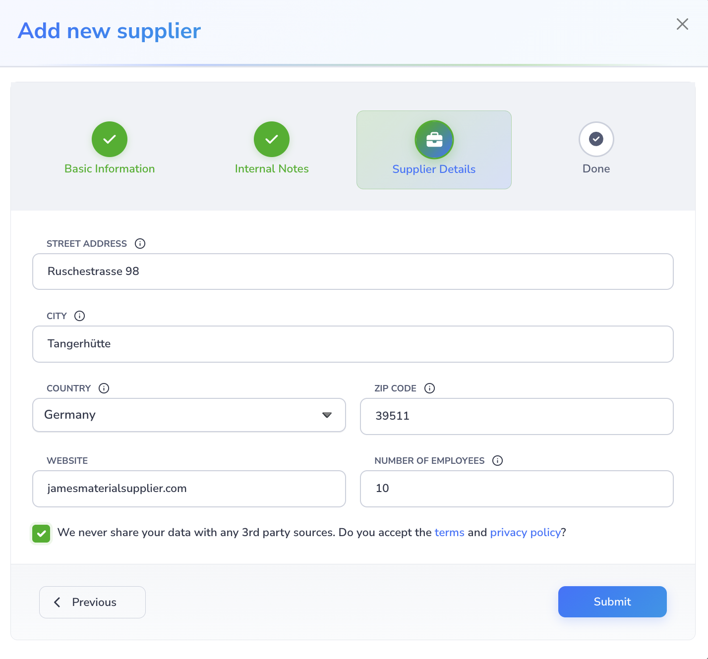 Loupe Factory Add Supplier modal on the Supplier Details step showing address, city, country, ZIP, website, employees, and confirmation fields.