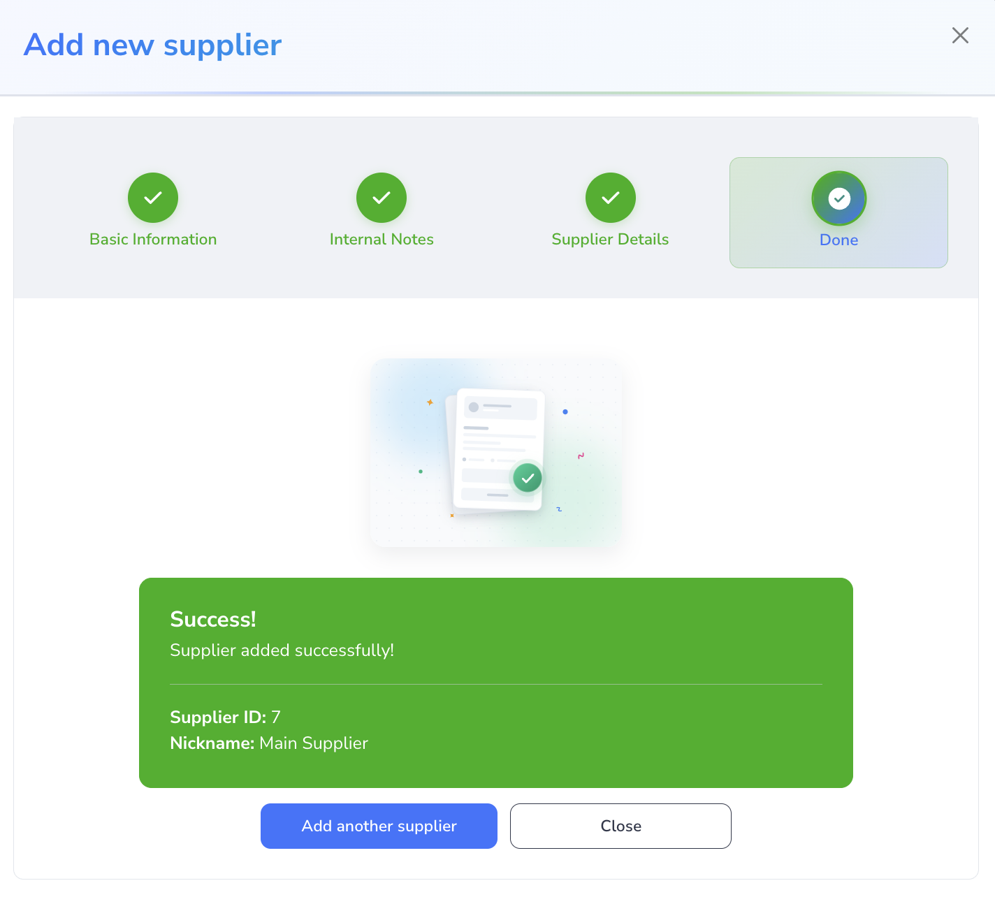 Loupe Factory Add Supplier modal on the Done step showing the completed supplier creation result and next actions.