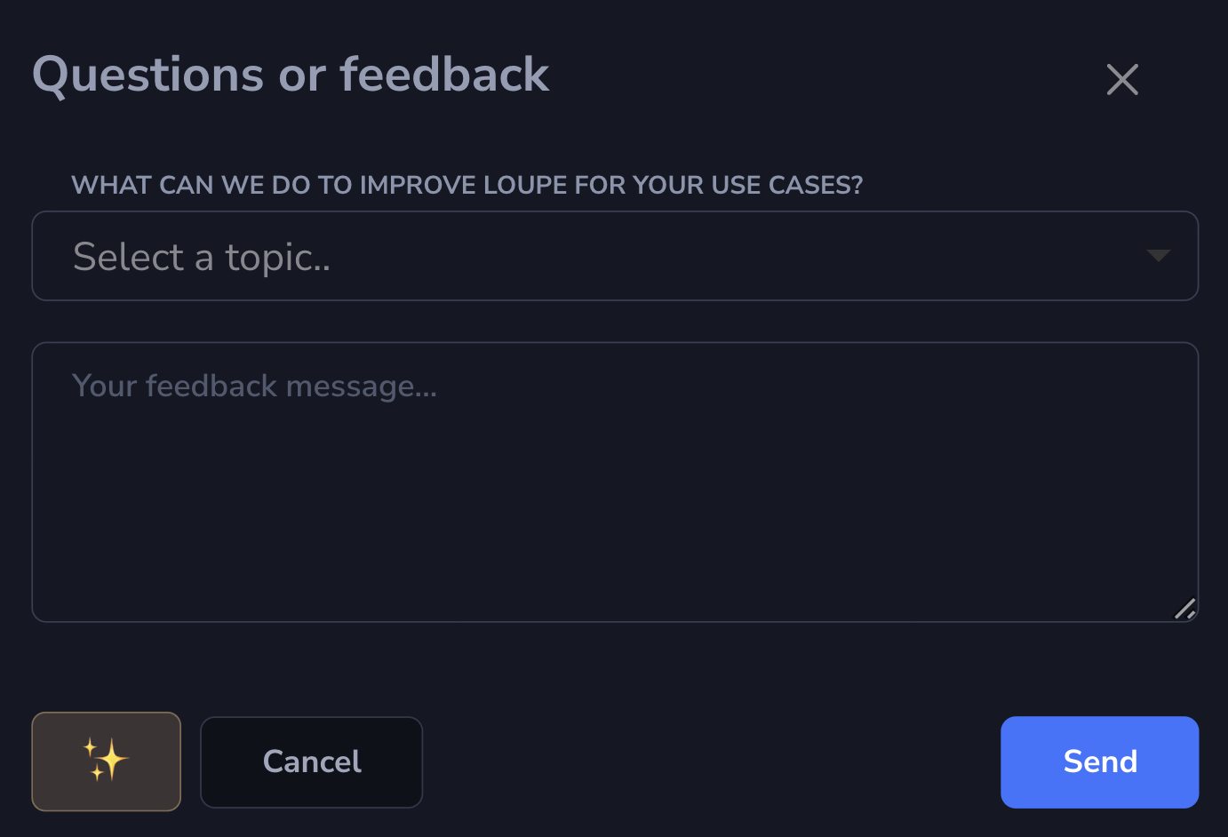 Loupe Factory Questions or feedback form showing the topic selector, message field, AI polish button, and submit action.